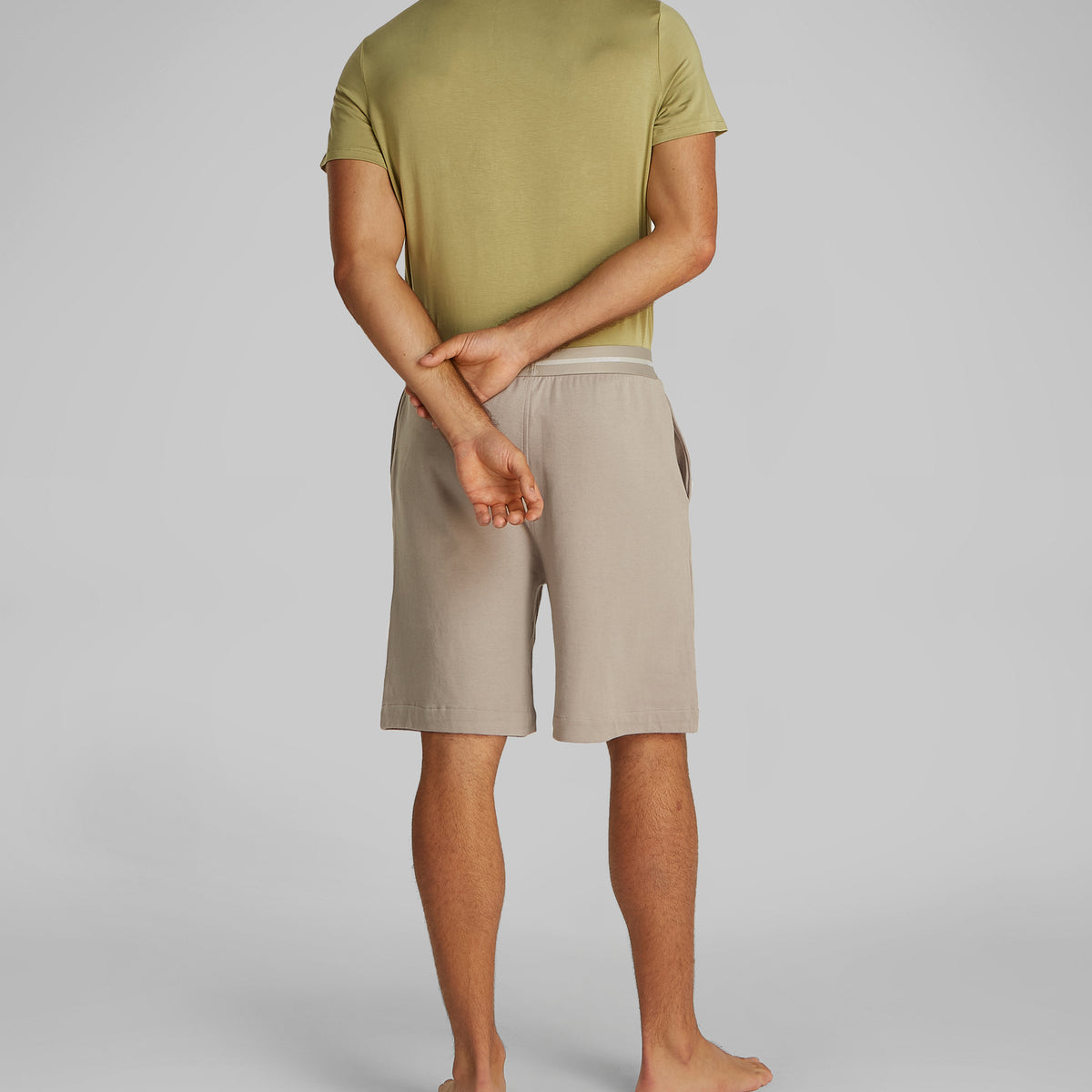 Calvin Klein MODERN TERRY Mens Lounge Shorts Ash back view showing elastic waistband and side seam pockets.