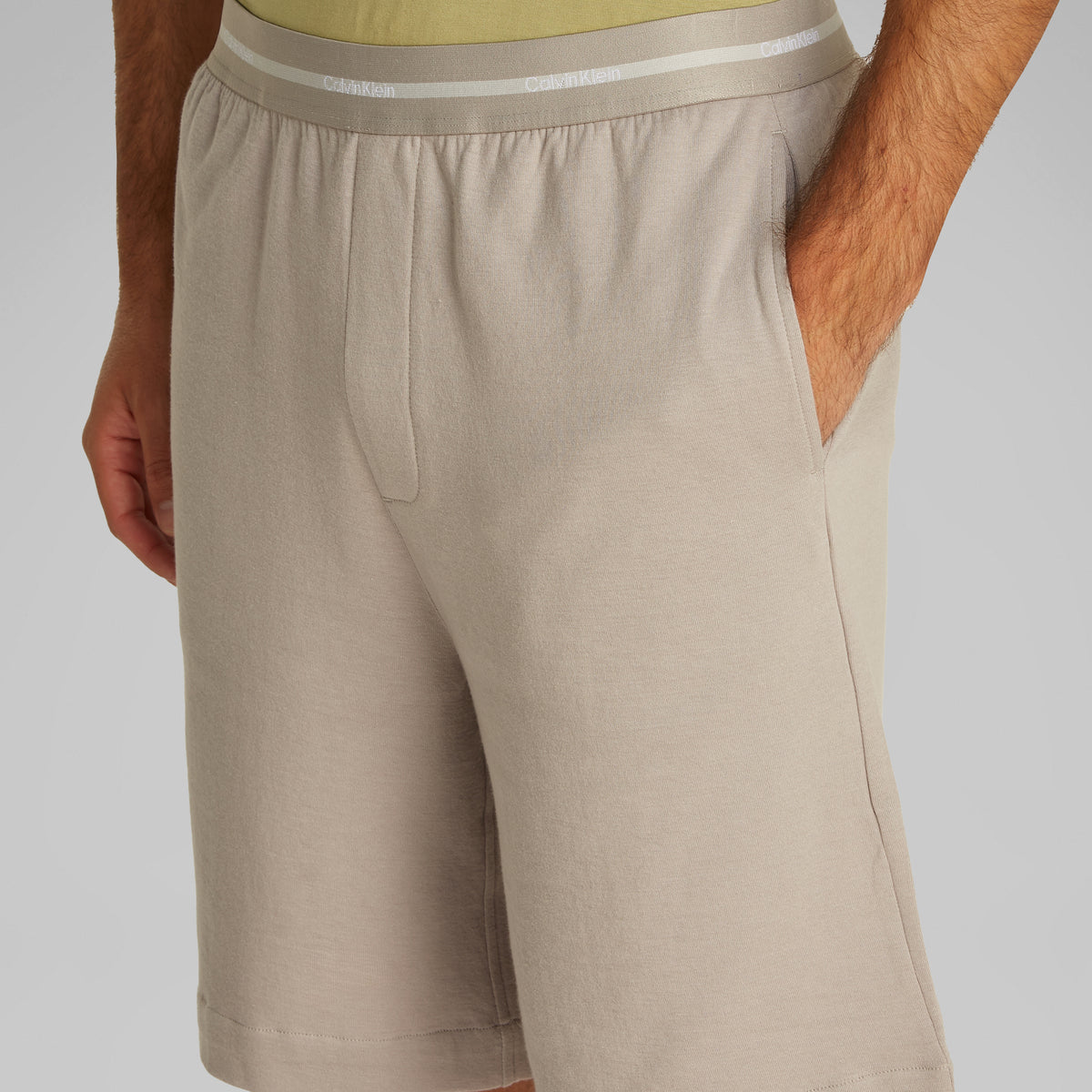 Calvin Klein MODERN TERRY Mens Lounge Shorts Ash side view showing pockets and elastic waistband