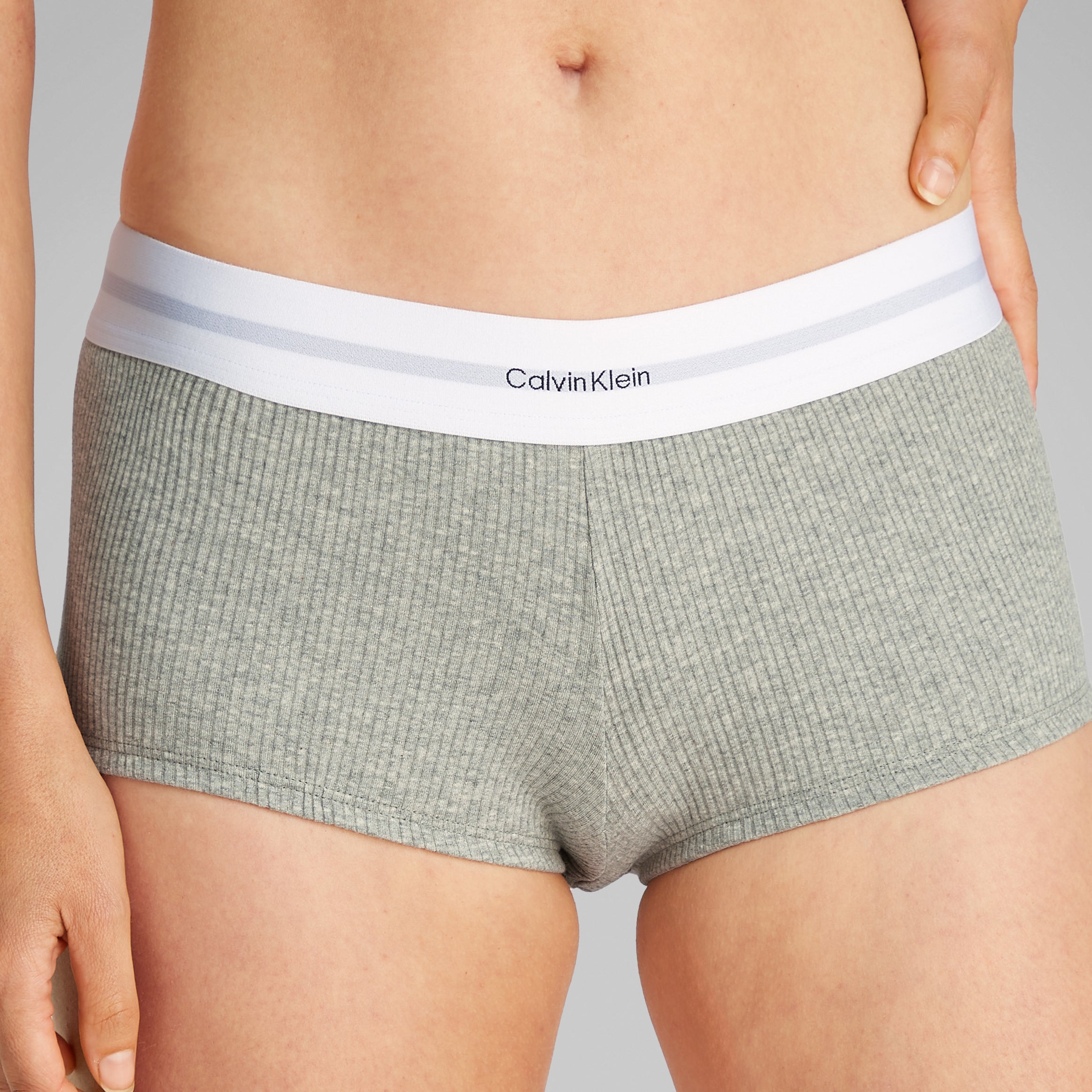 Calvin Klein COTTON MODAL RIB Hipster Panty Womens Shorts Grey Heather front view with CK signature elastic waistband.