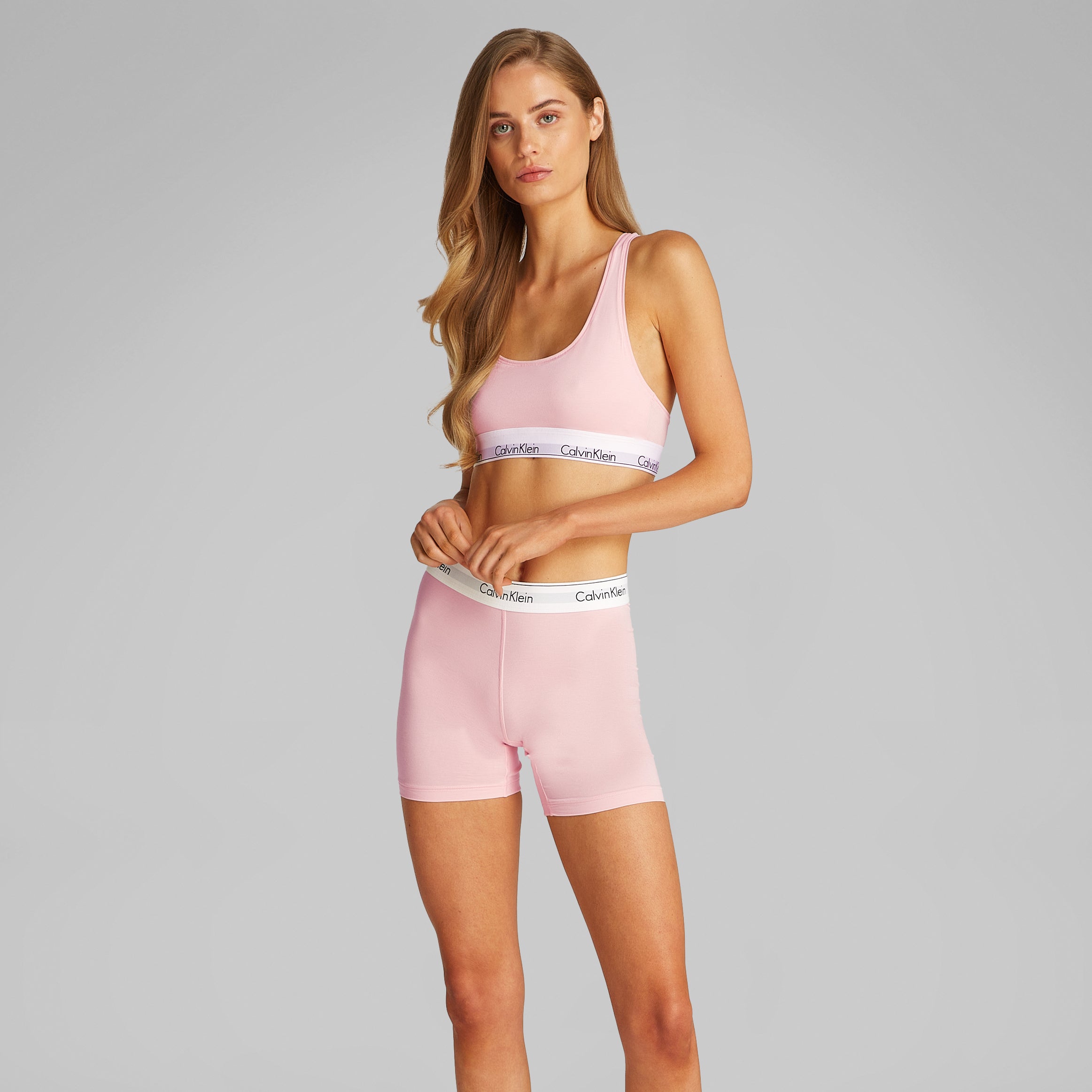 Calvin Klein ICON COTTON MODAL Womens Bralette Buff Pink front view, soft cups, racerback design, signature underband.