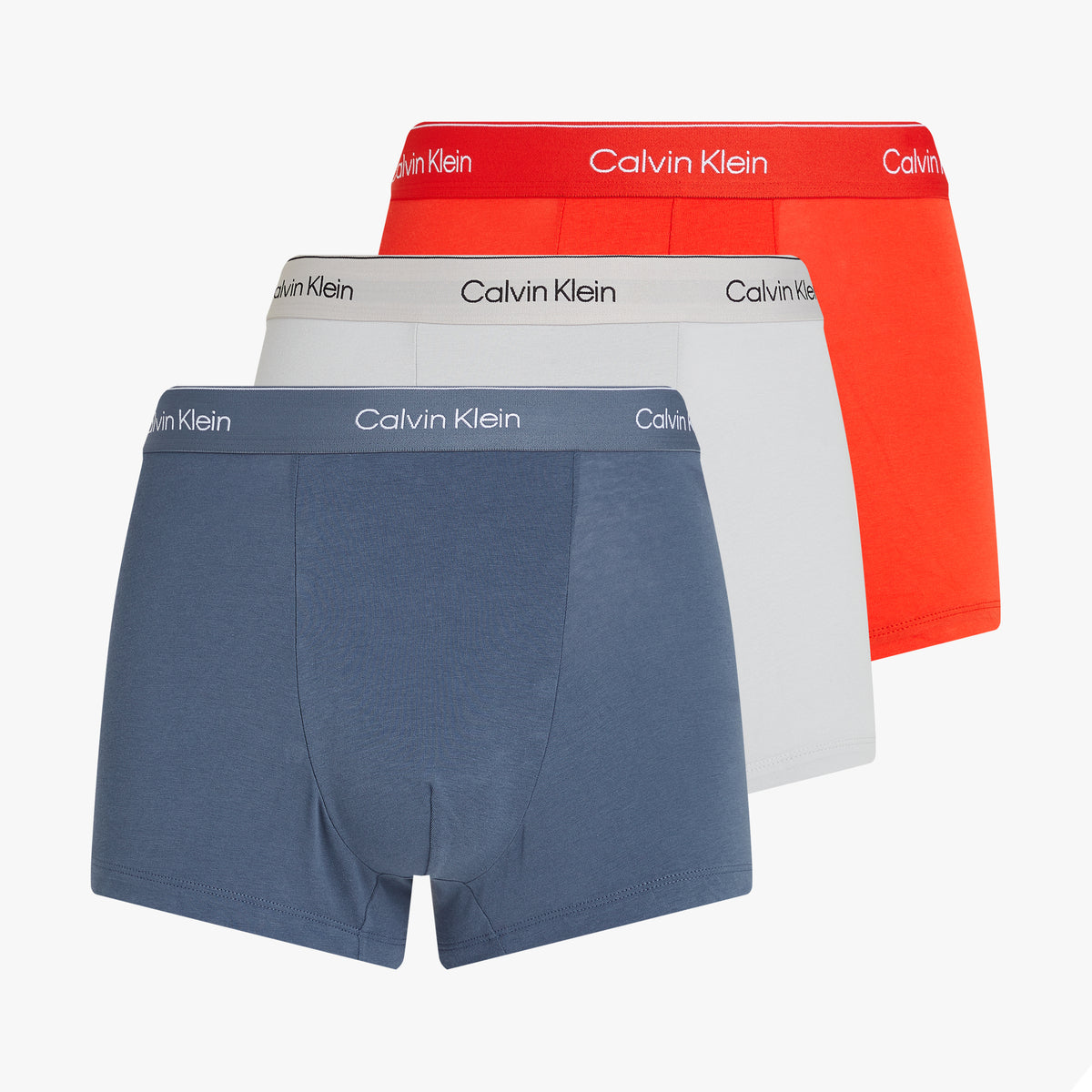 Calvin Klein ICON Cotton Stretch 3 Pack Dart Trunks Multi, front view featuring red, white, and blue trunks with branded waistbands.