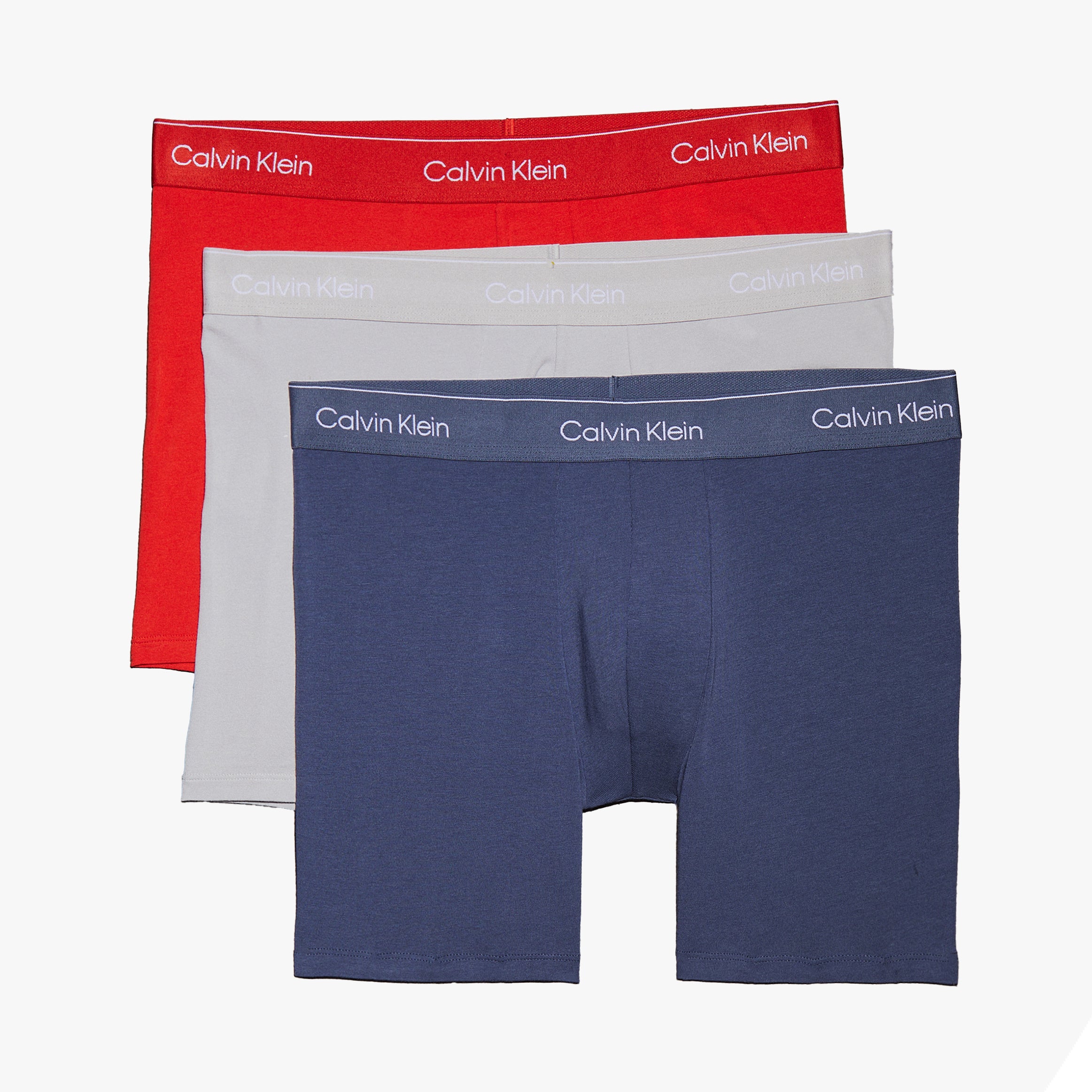 Calvin Klein ICON COTTON STRETCH Mens 3 Pack Boxer Briefs Multicoloured in front view featuring red, grey, and navy blue options.