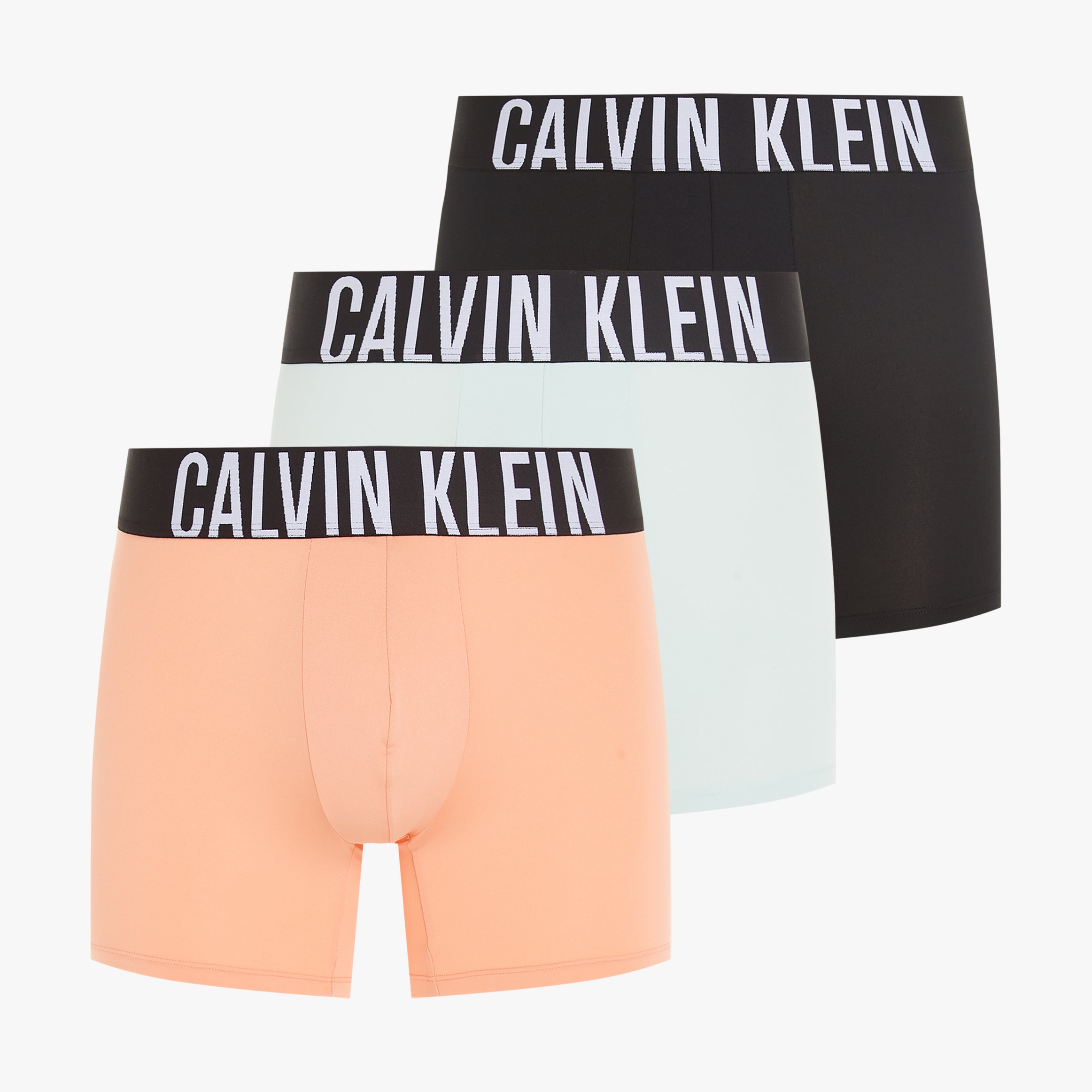 Calvin Klein INTENSE POWER 3 Pack Mens Boxer Briefs Multicoloured front view showcasing three boxer briefs in different colors.