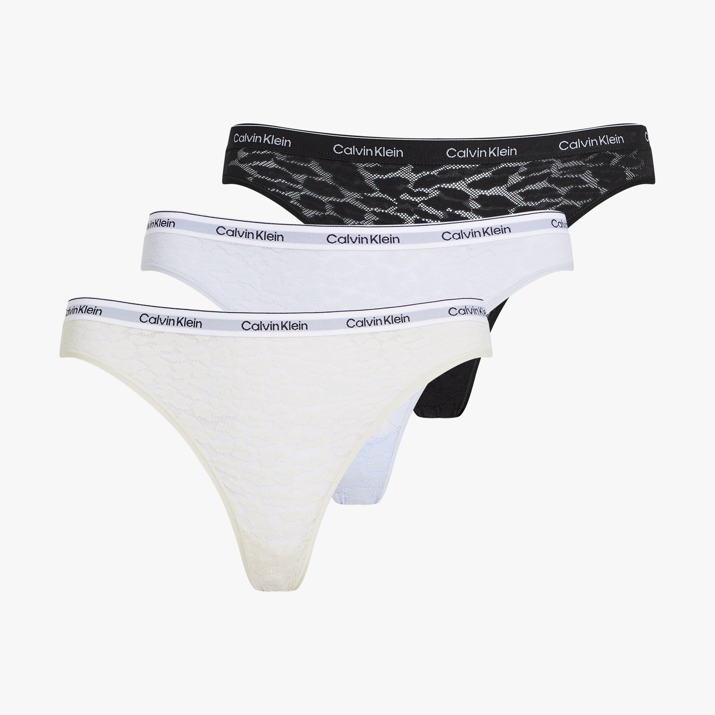 Calvin Klein 3 Pack Womens Lace Bikini Briefs Black/Chalk/Halogen Blue front view showing three distinct colors and lace details.