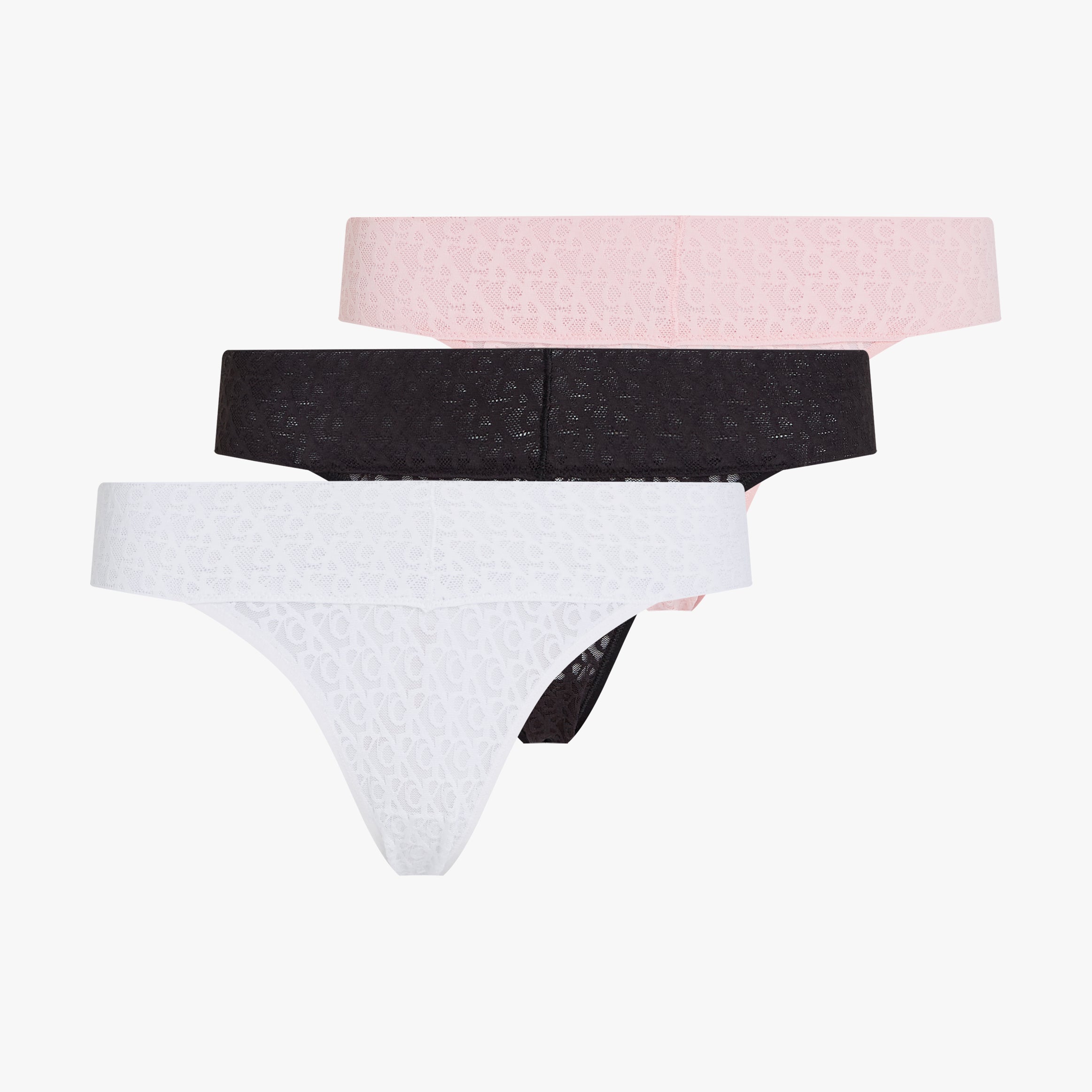 Calvin Klein ICON LOGO LACE 3 Pack Womens Bikini Briefs Multicoloured in front view, featuring black, pink, and white colors.