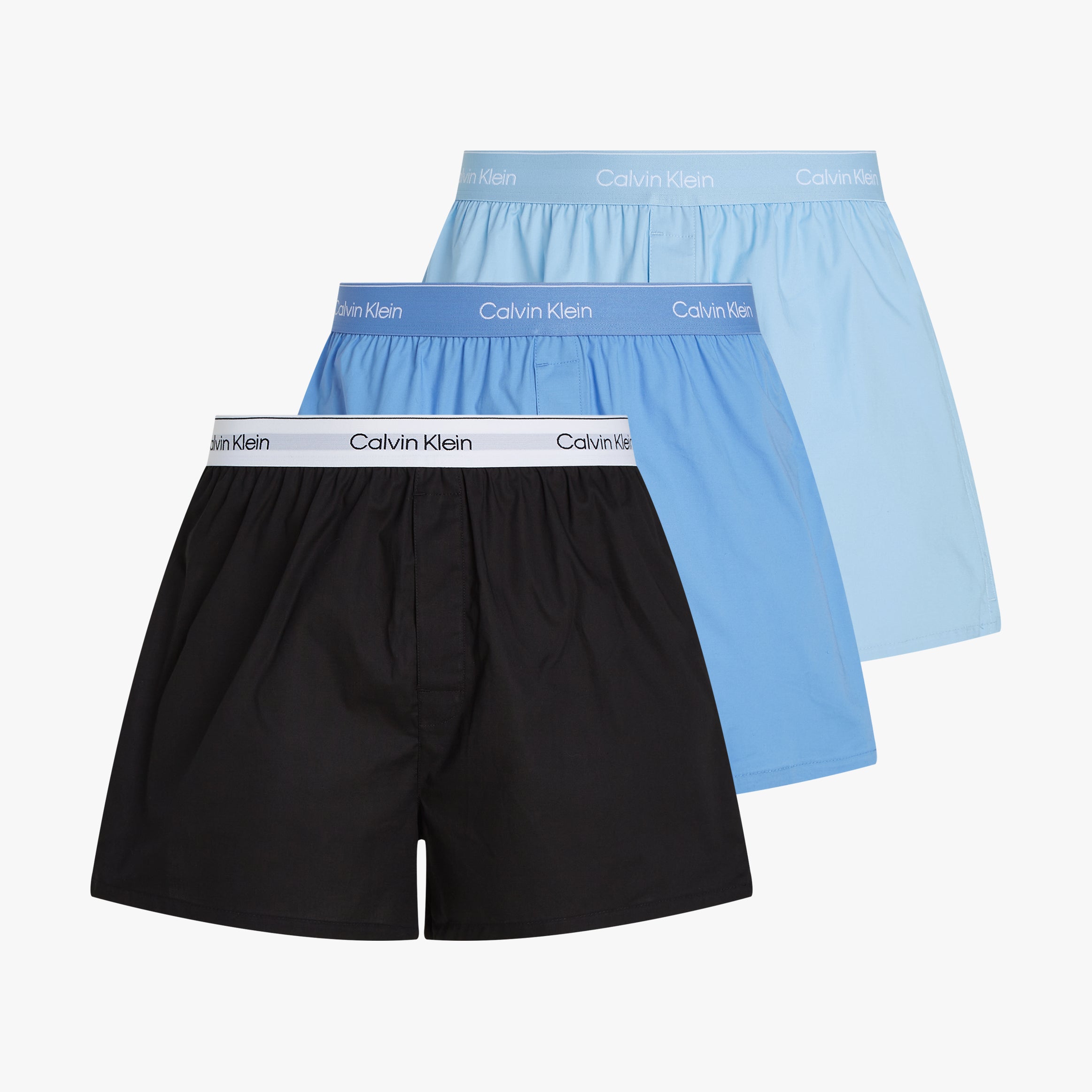 Calvin Klein ICON Cotton Stretch Slim 3 Pack Mens Boxers Multi in black and blue, front view showcasing three boxers.