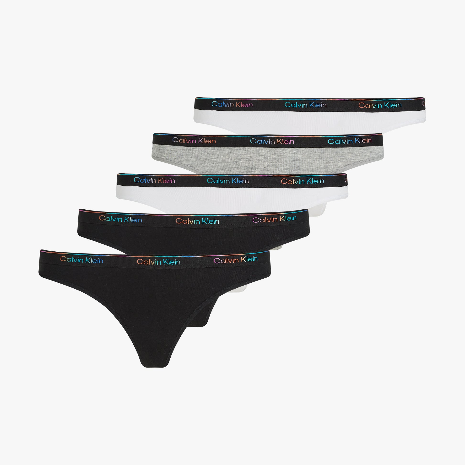 Calvin Klein ICON LOGO 5 Pack Womens Thongs Multicoloured, front view, showcasing black, grey, and white thongs with logo waistband.