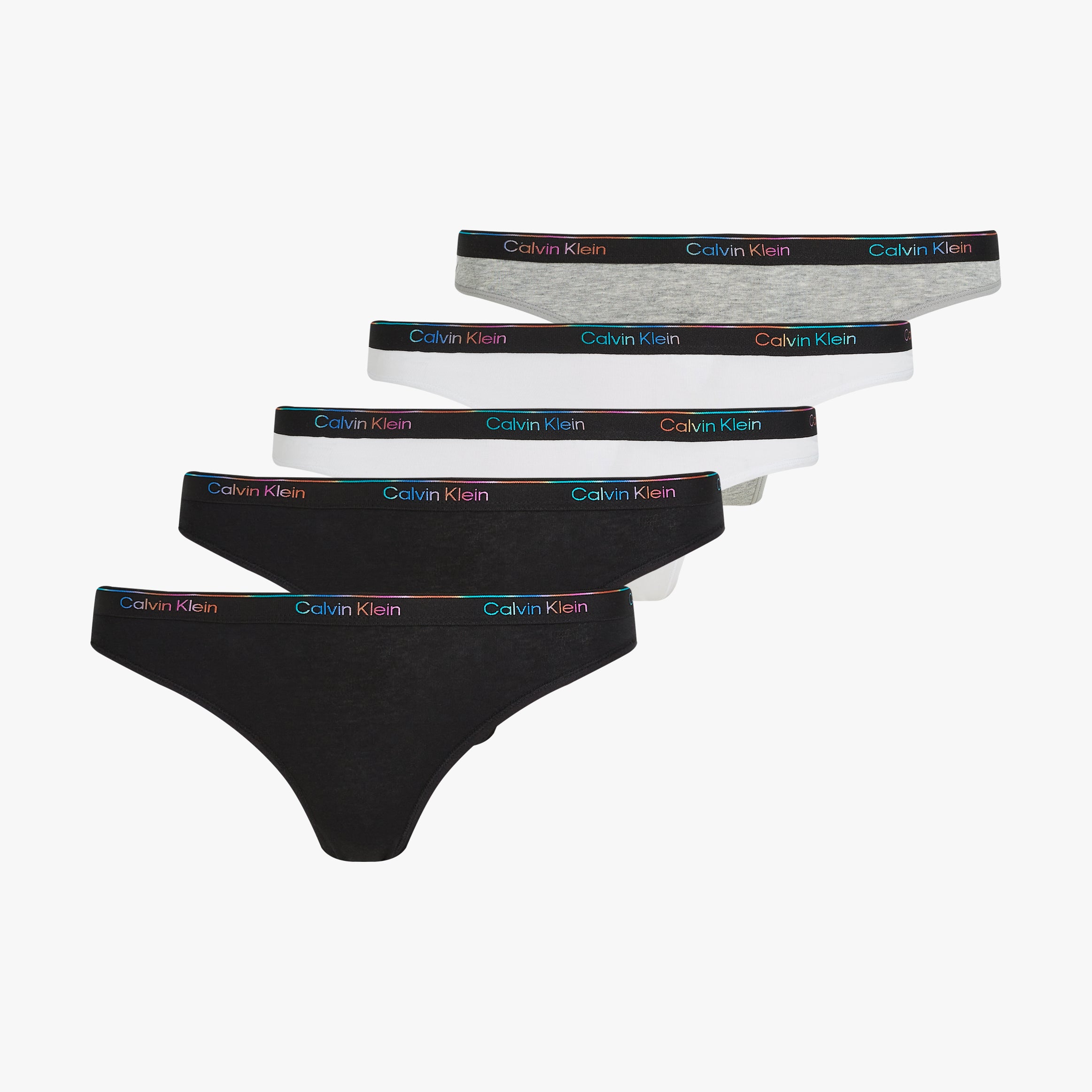 Calvin Klein ICON LOGO 5 Pack Womens Bikini Briefs Multicoloured, front view showcasing various colors and waistband designs.
