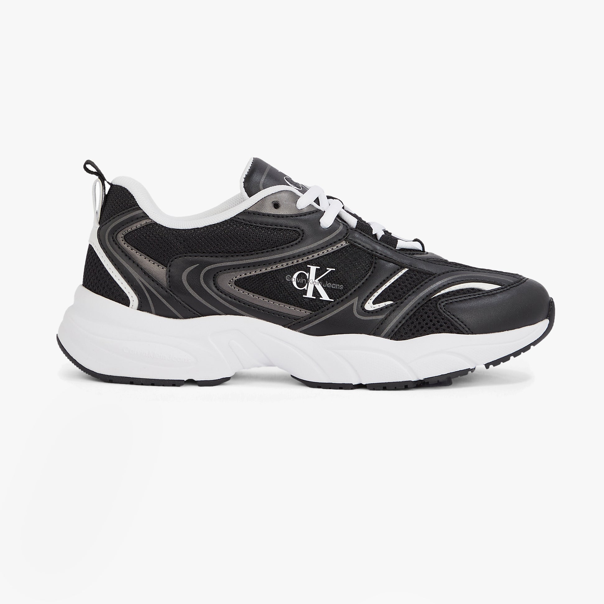 Calvin Klein RETRO TENNIS MESH Womens Trainers Black/Bright White side view showcasing lace-up design and mesh upper.