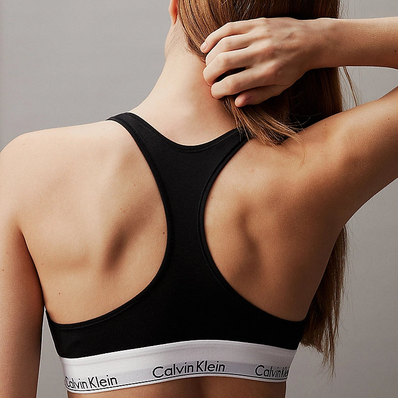Calvin Klein MODERN COTTON Womens Bralette Black back view showcasing racerback design and CK signature elastic underband.