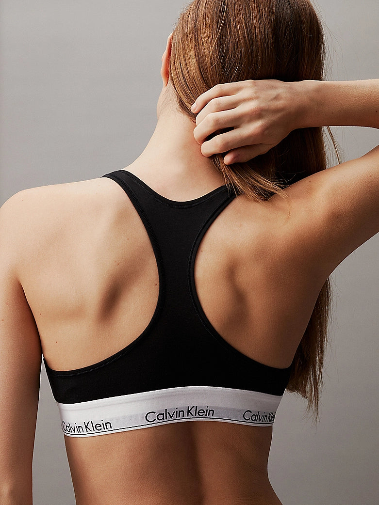 Calvin Klein MODERN COTTON Womens Bralette Black back view showcasing racerback design and CK signature elastic underband.