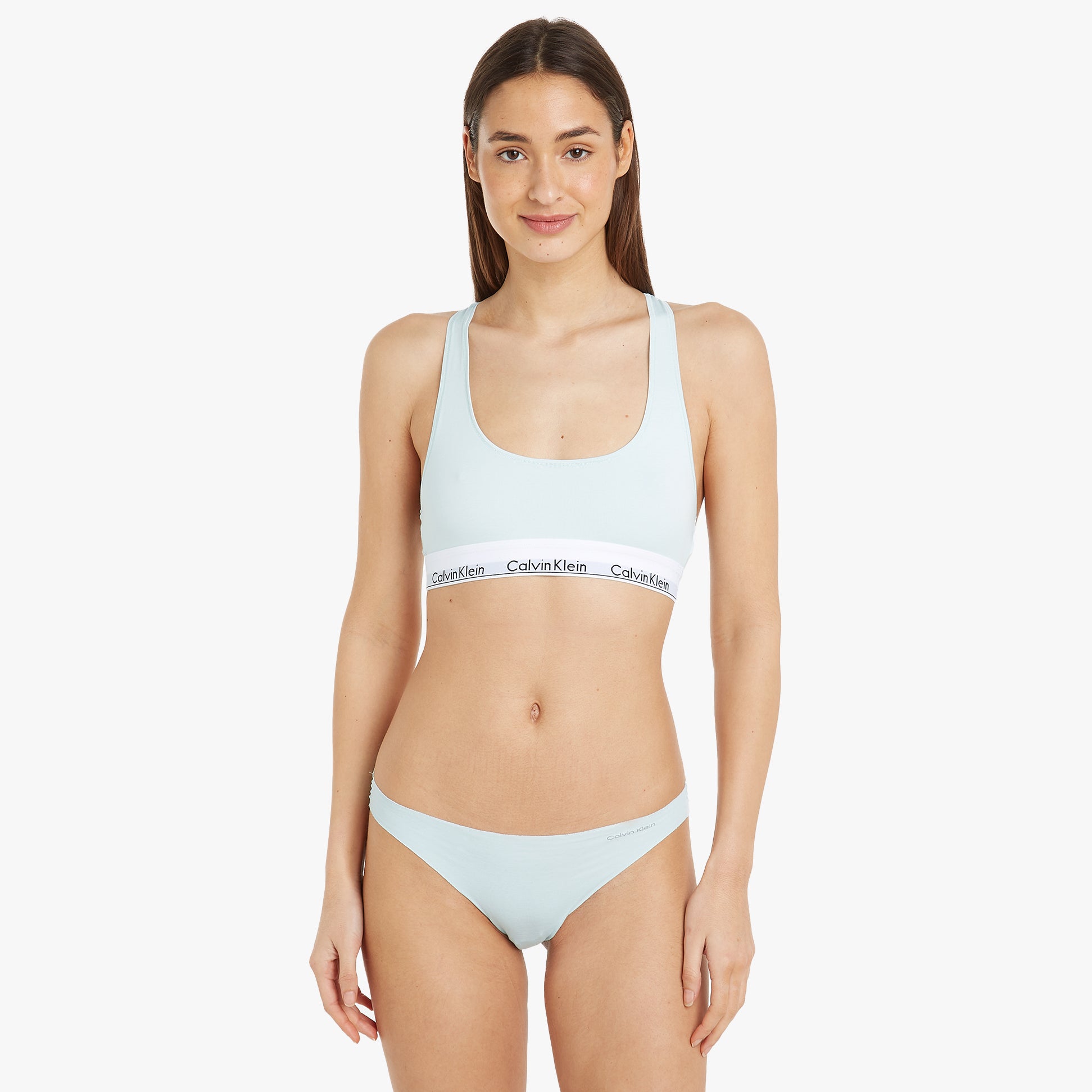 Calvin Klein MODERN COTTON Unlined Bralette Womens Island Reef front view on model wearing matching underwear.