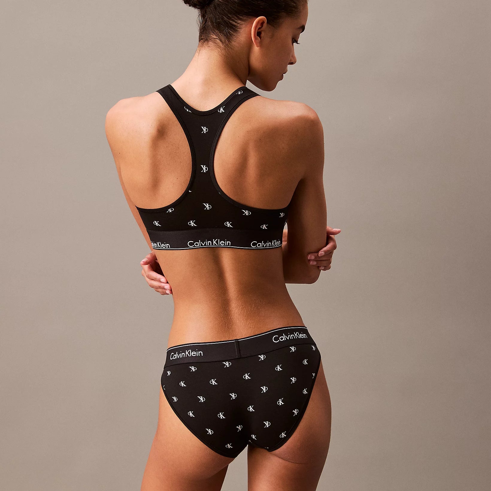 Back view of Calvin Klein MODERN COTTON Womens Bikinis Black Diamond Logo Print in black with logo detail.