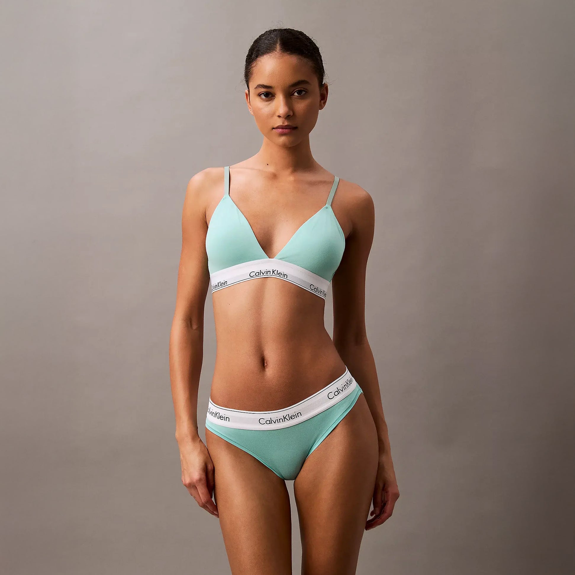 Calvin Klein ICON Cotton Modal Womens Bikini Briefs Womens Beau Blue front view, showcasing medium rise design and CK branded waistband.