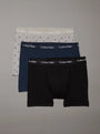Calvin Klein COTTON STRETCH Mens 3 Pack Trunks Multicoloured, front view showcasing grey, blue, and black trunks.
