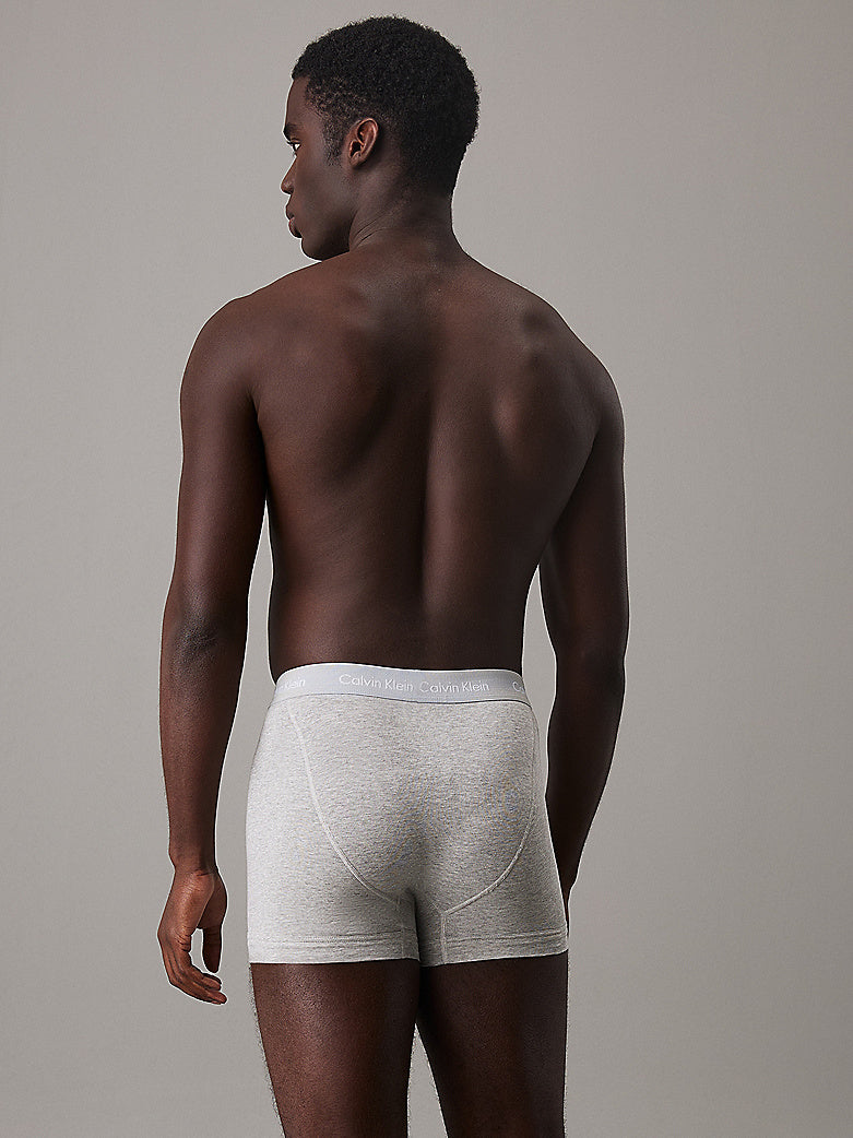 Calvin Klein COTTON STRETCH 3 Pack Mens Trunks Black Multi, back view on model highlighting fit and waistband.
