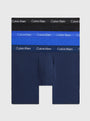 Calvin Klein #N/A front view of a 3 pack of pull-on boxer briefs in black, blue, and navy with signature elastic waistbands.