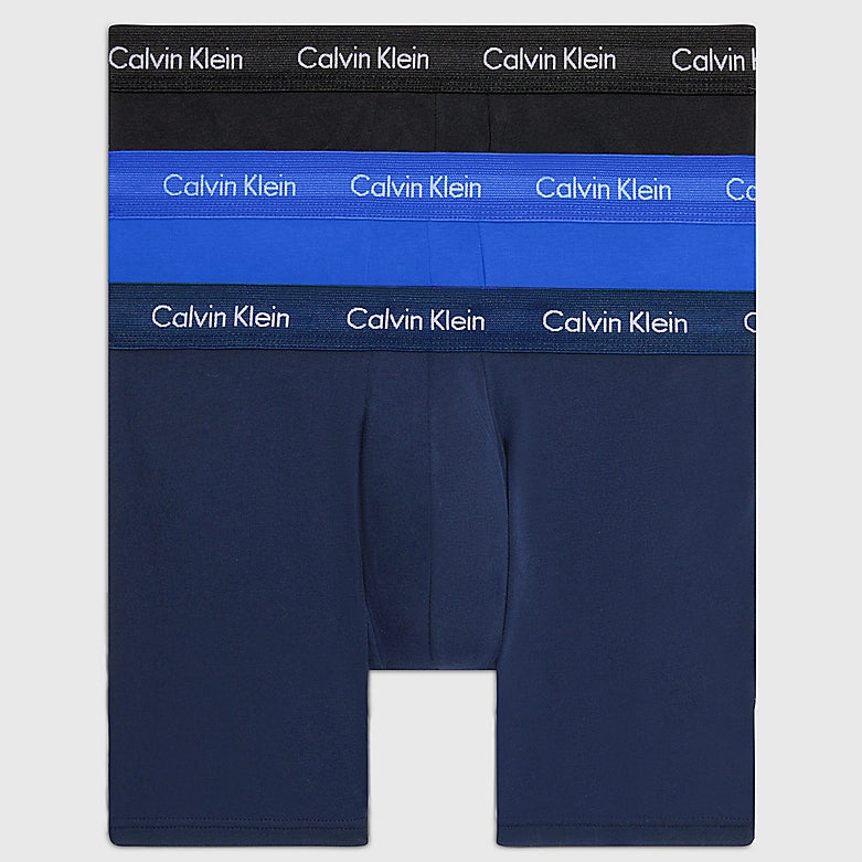 Calvin Klein #N/A front view of a 3 pack of pull-on boxer briefs in black, blue, and navy with signature elastic waistbands.