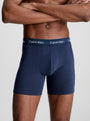 Calvin Klein #N/A front view of navy boxer briefs with signature elastic waistband