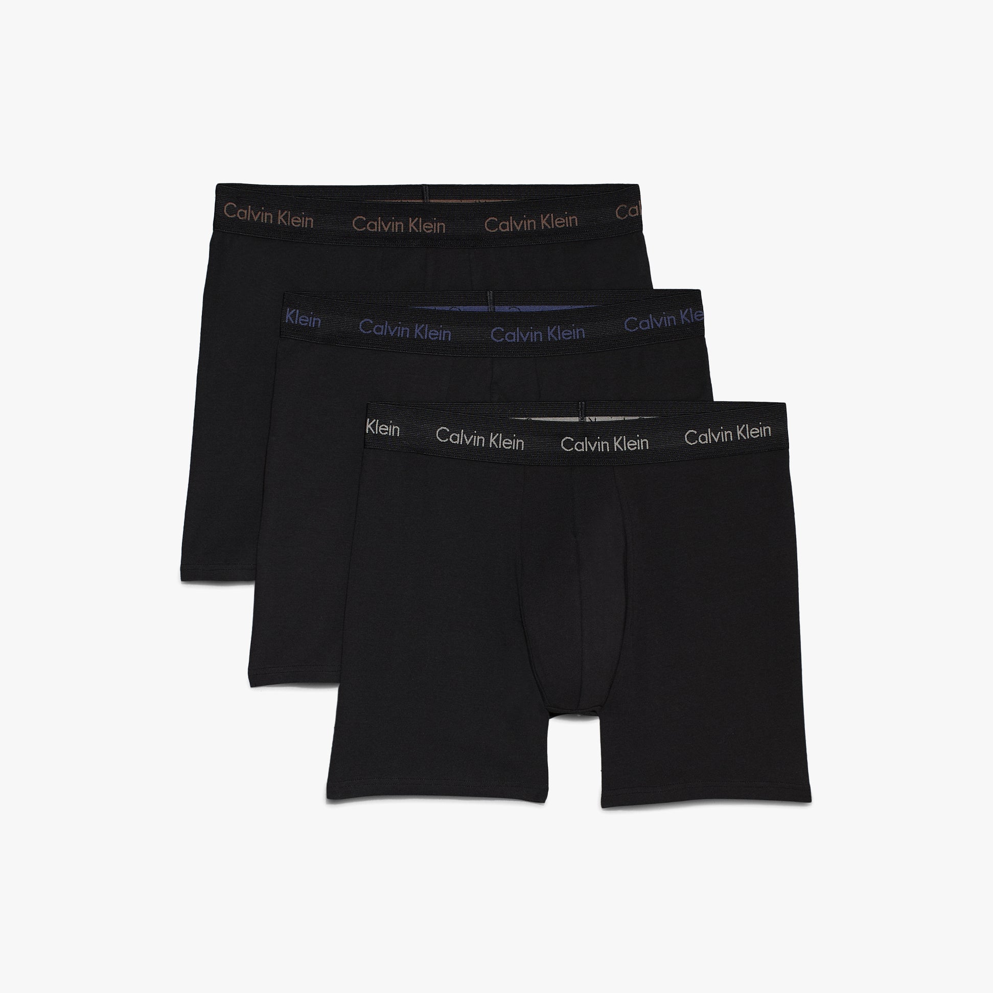 Calvin Klein COTTON STRETCH Mens 3 Pack Boxer Briefs Multicoloured front view showcasing three black boxer briefs with logo waistbands.