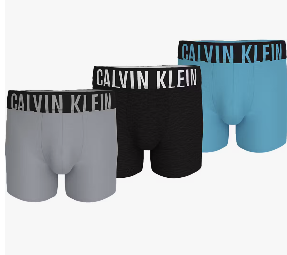 Calvin Klein BOXER BRIEF 3 Pack Mens Multicoloured showing front view of gray, black, and blue boxer briefs.