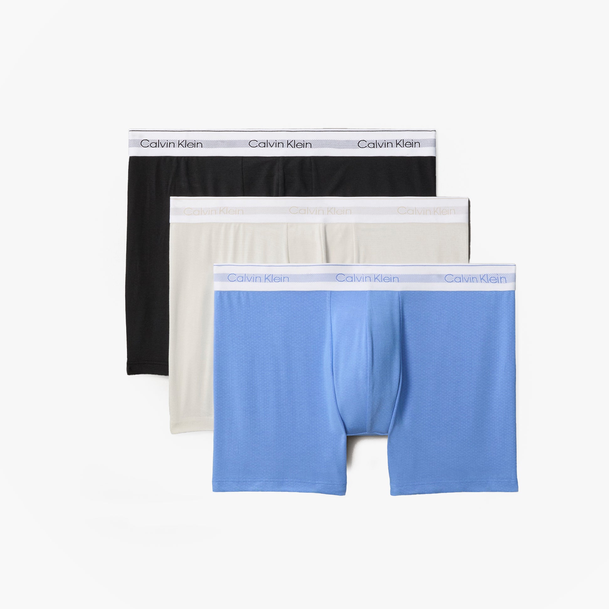 Calvin Klein ICON MODAL MESH 3 Pack Mens Boxer Briefs Multicoloured, front view showing black, white, and blue briefs.
