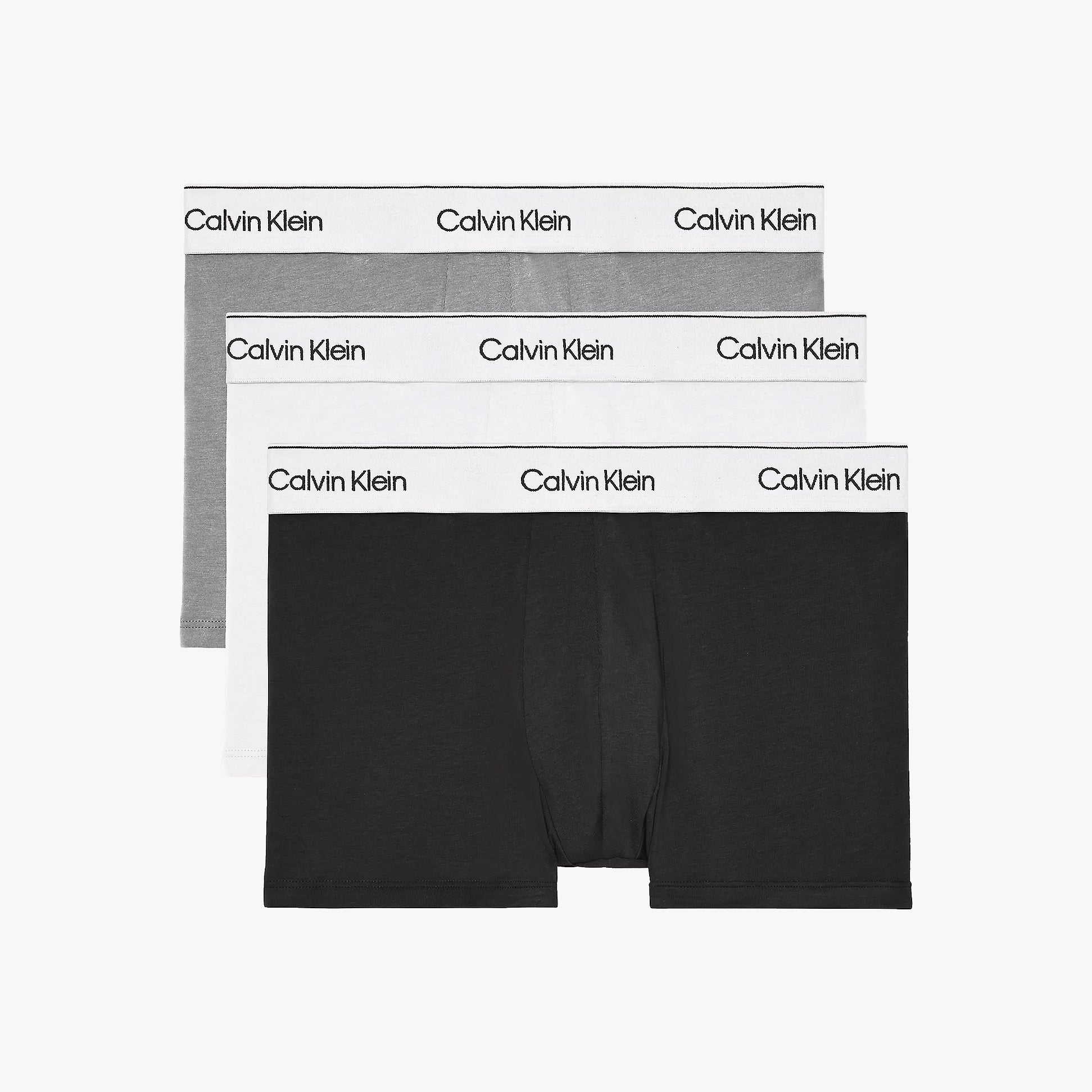 Calvin Klein MODERN COTTON STRETCH Mens 3 Pack Trunks Multicoloured, side view showing three trunks in black, white, and grey with logo waistbands.
