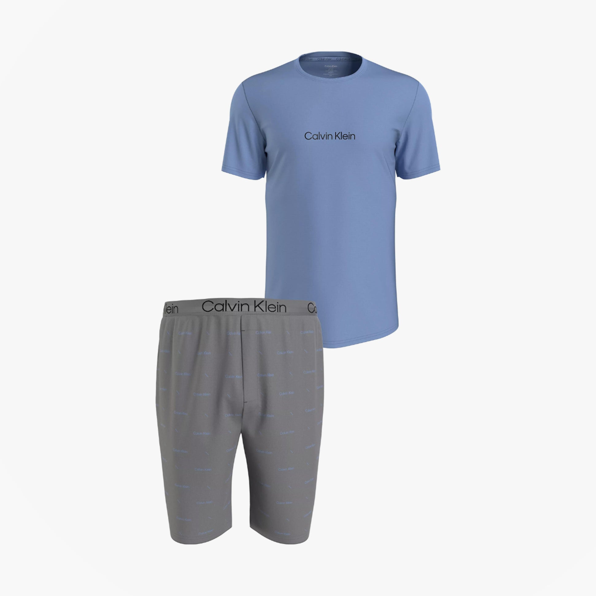 Calvin Klein COTTON STRETCH Mens Short Pyjama Set front view showcasing blue t-shirt and grey shorts with elastic waistband.