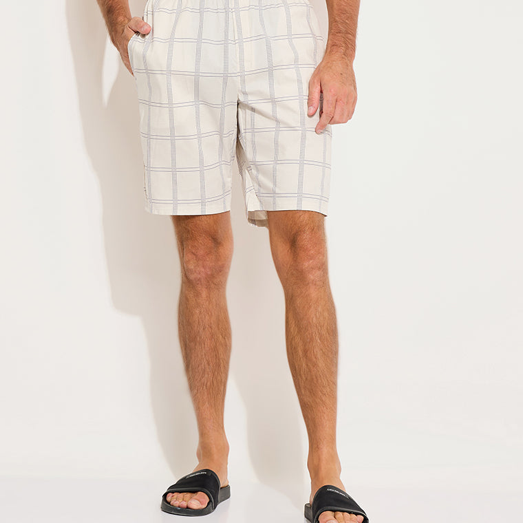 Calvin Klein COTTON STRETCH Mens Short Pyjama Set front view featuring plaid design and elastic waistband.