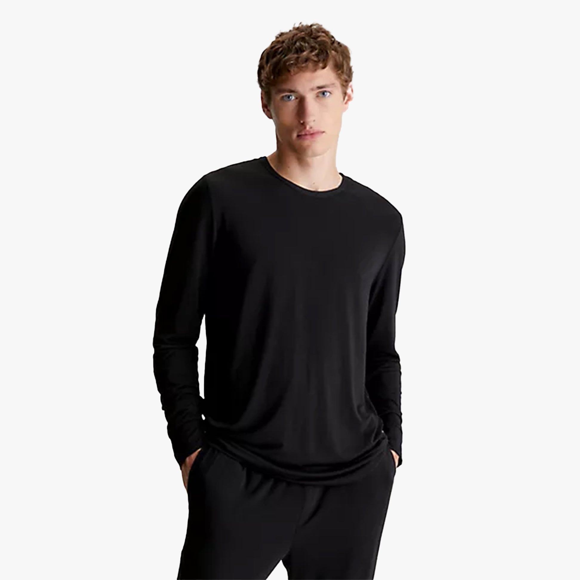 Calvin Klein ULTRA SOFT UB1 Mens Sweatshirt Black front view, showcasing comfort and lightweight material with long sleeves.