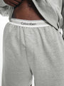 Calvin Klein MODERN COTTON TERRY LOUNGE Shorts Mens Grey Heather close-up view featuring signature CK elastic waistband.