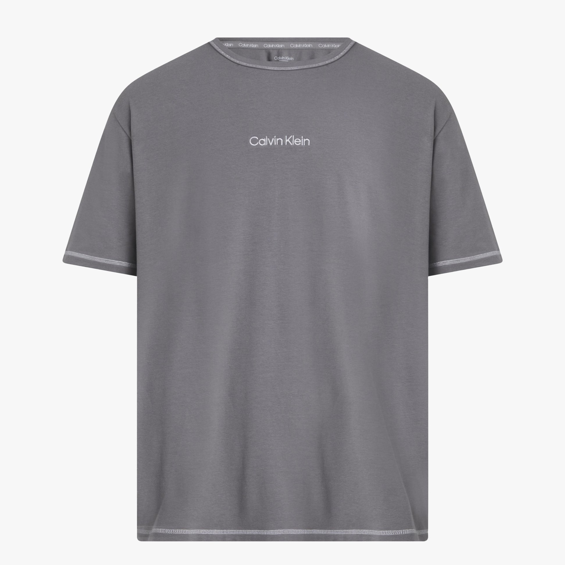 Calvin Klein FUTURE SHIFT Mens Lounge Crew Neck T-Shirt Grey front view showcasing crew neckline and Calvin Klein embroidery.