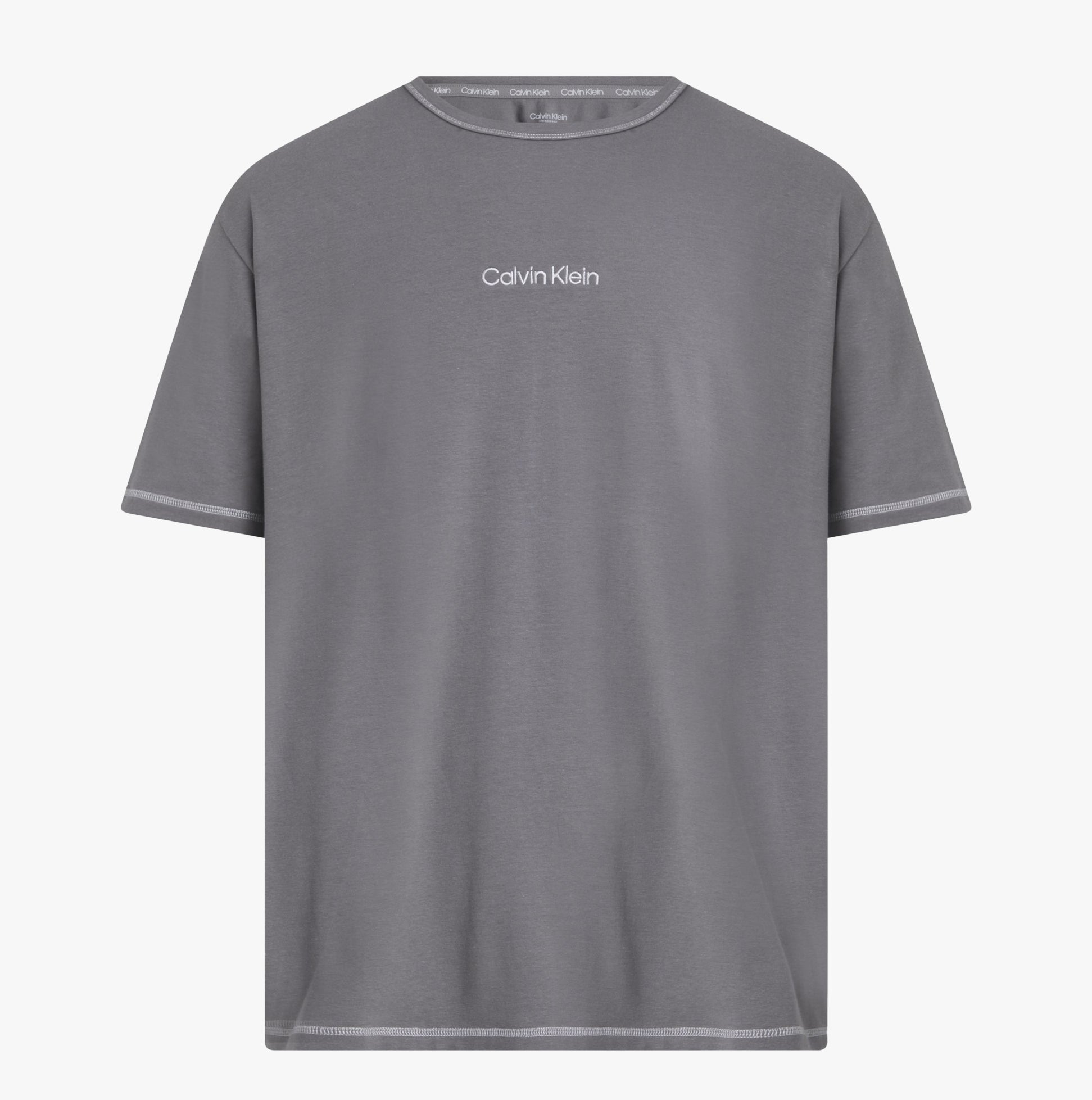 Calvin Klein FUTURE SHIFT Mens Lounge Crew Neck T-Shirt Grey front view showcasing crew neckline and Calvin Klein embroidery.