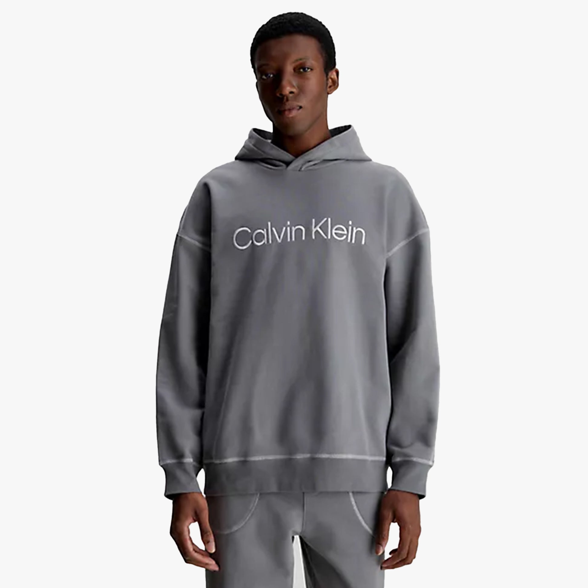Calvin Klein FUTURE SHIFT Mens Hoodie Grey front view showcasing comfort and lightweight material with embroidered logo.