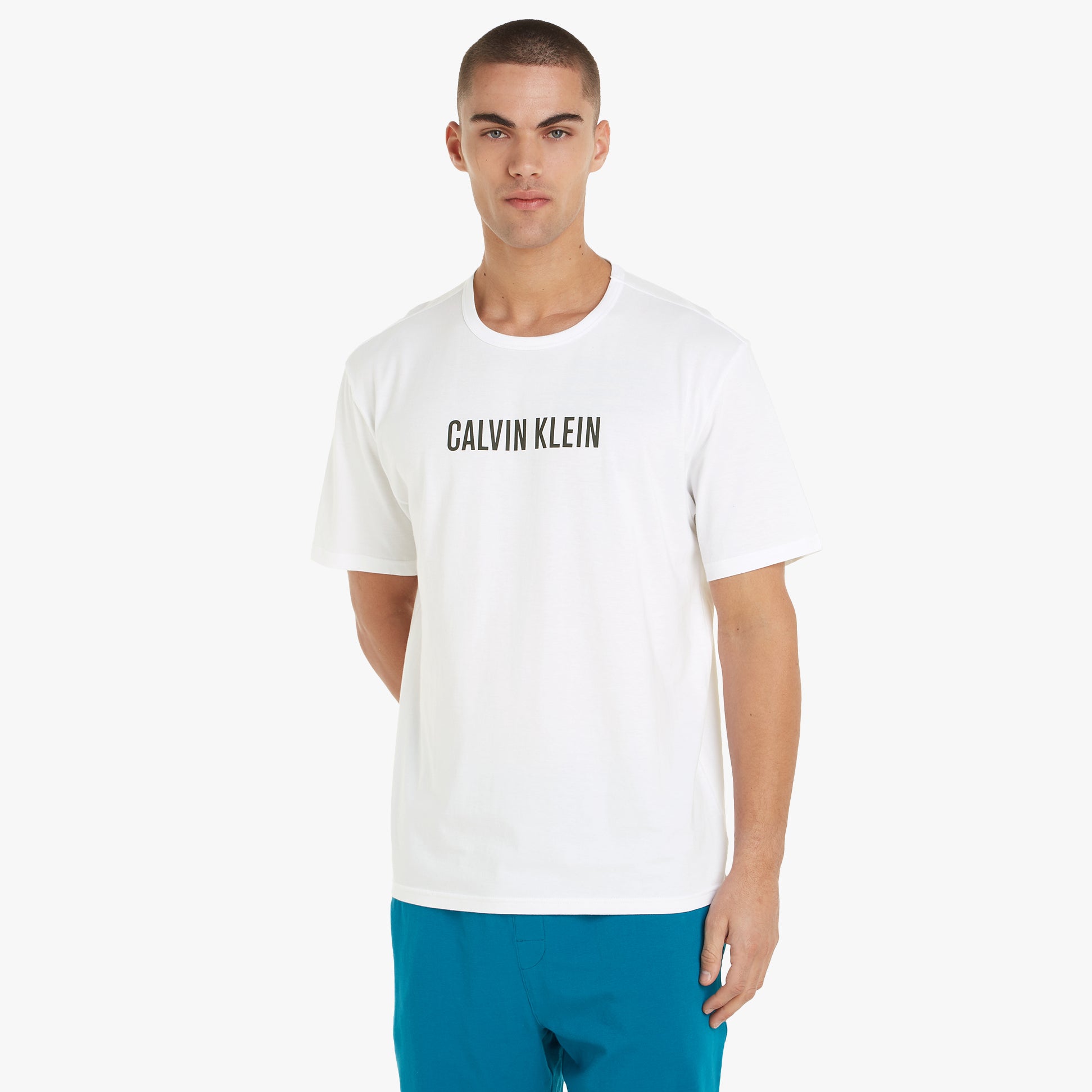 Calvin Klein INTENSE POWER Mens Crew Neck White front view with logo print on chest, short sleeves, 100% cotton.