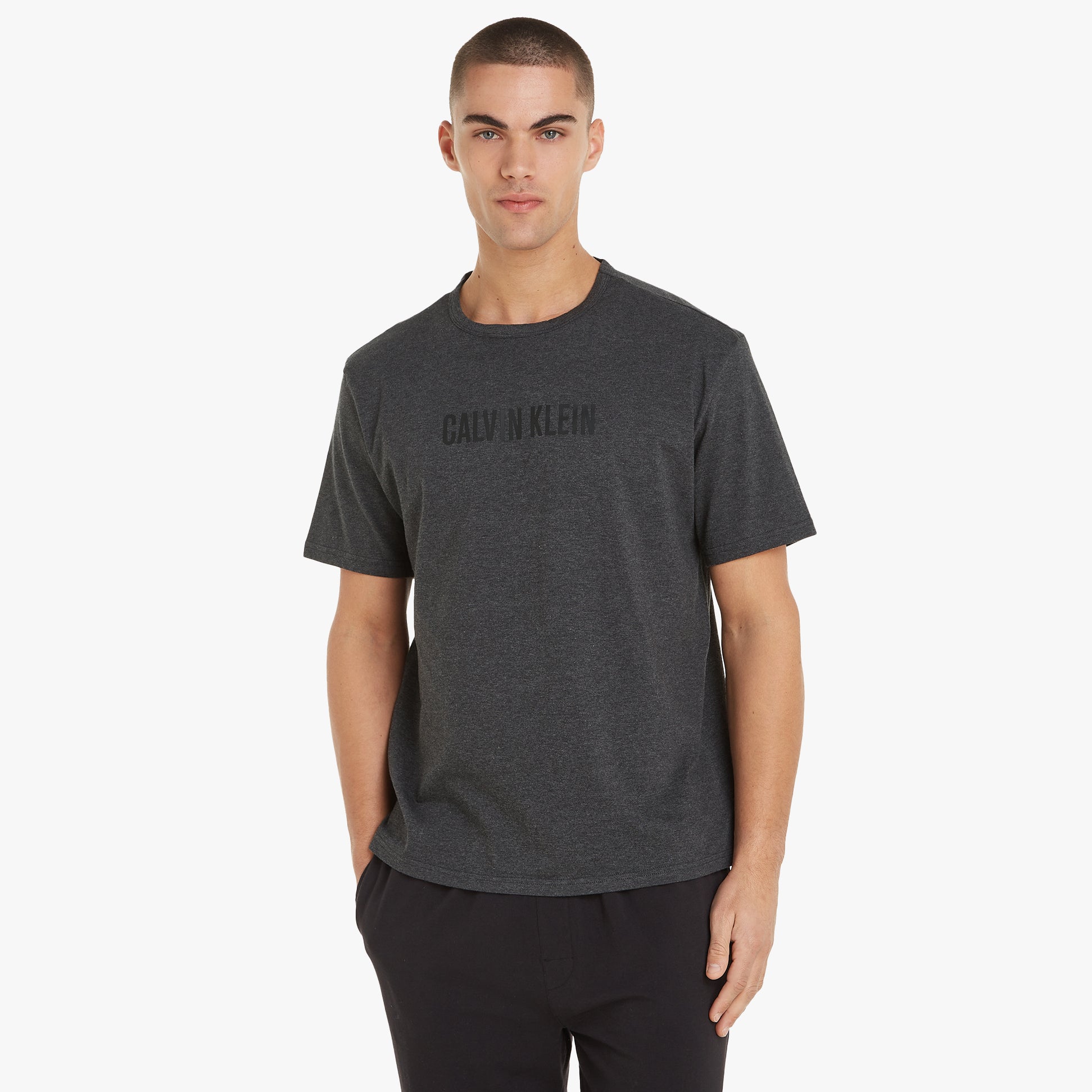 Calvin Klein INTENSE POWER Mens Crew Neck Grey front view showing logo print on chest with short sleeves.