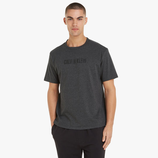 Calvin Klein INTENSE POWER Mens Crew Neck Grey front view showing logo print on chest with short sleeves.