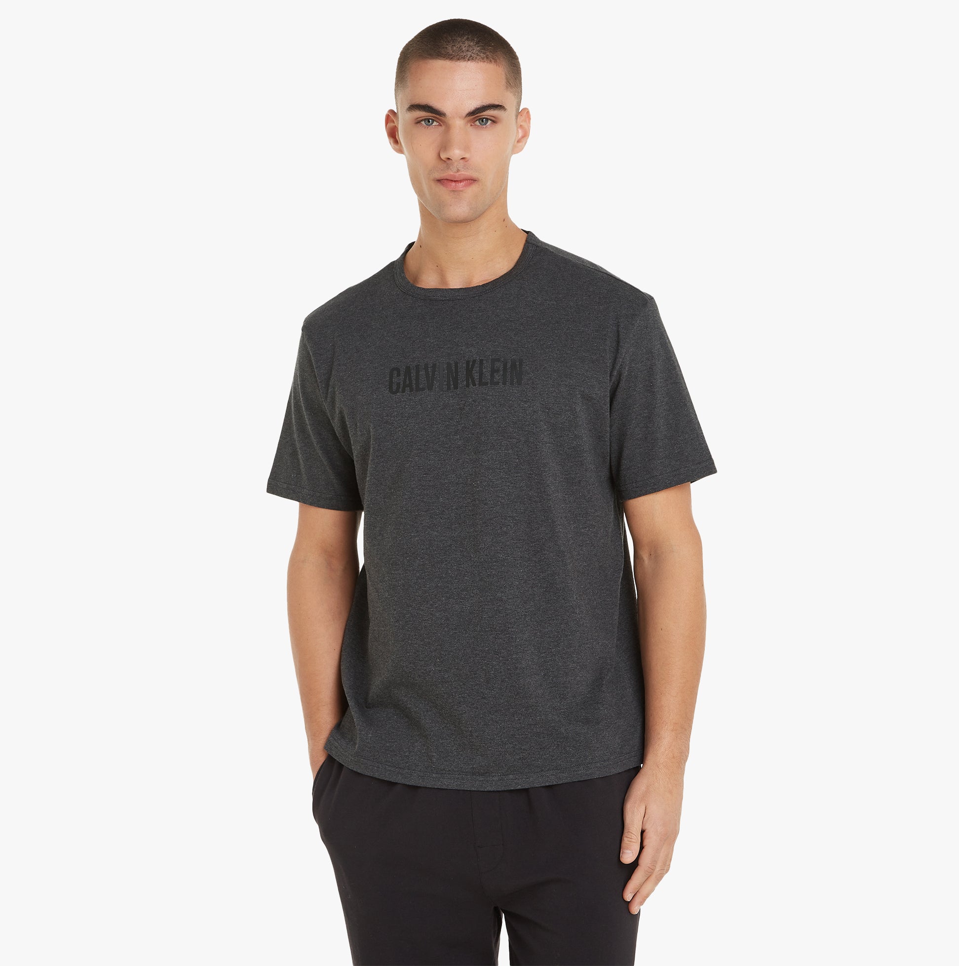 Calvin Klein INTENSE POWER Mens Crew Neck Grey front view showing logo print on chest with short sleeves.