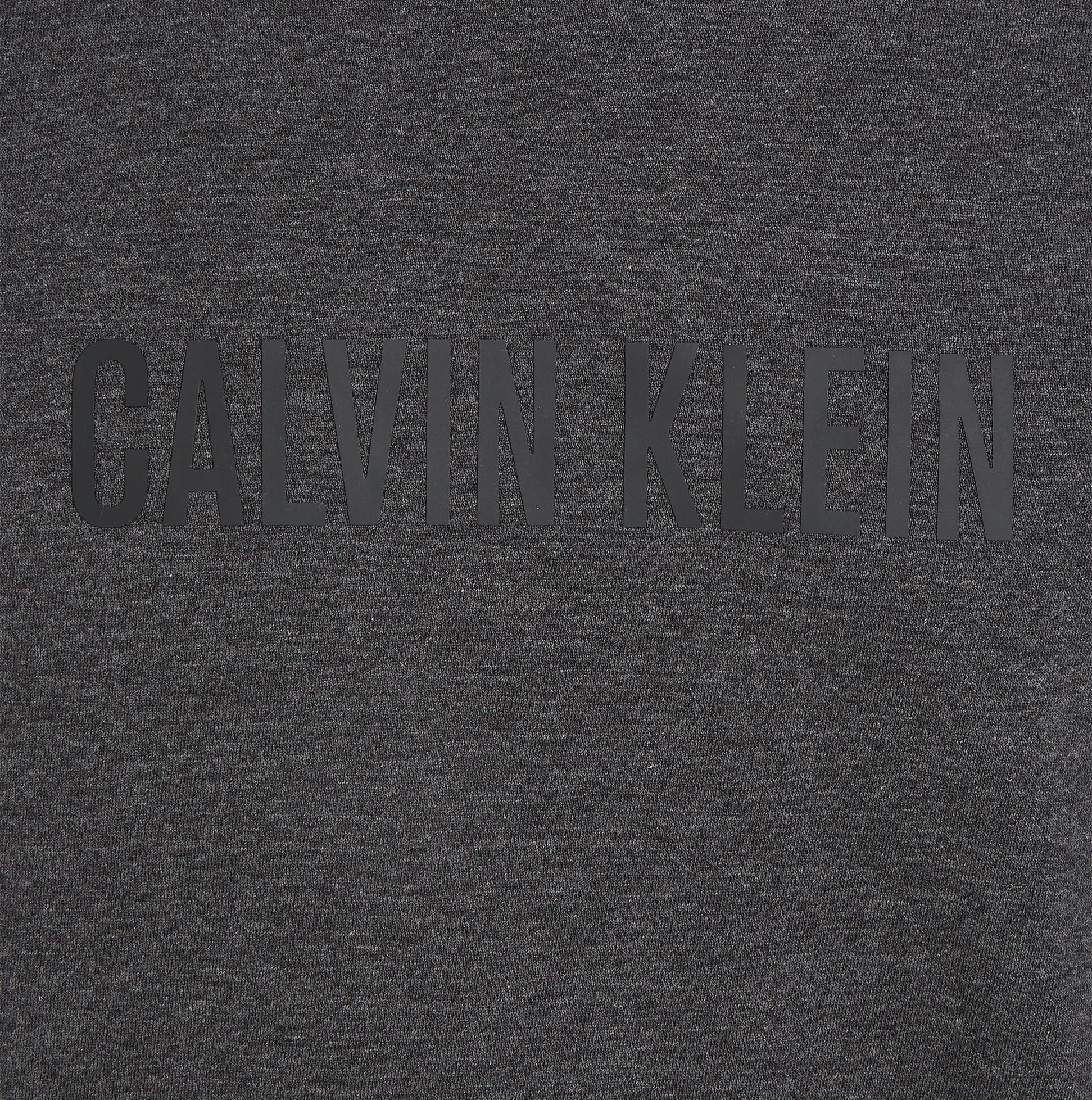 Calvin Klein INTENSE POWER Mens Crew Neck Grey detail view featuring black logo on grey fabric.