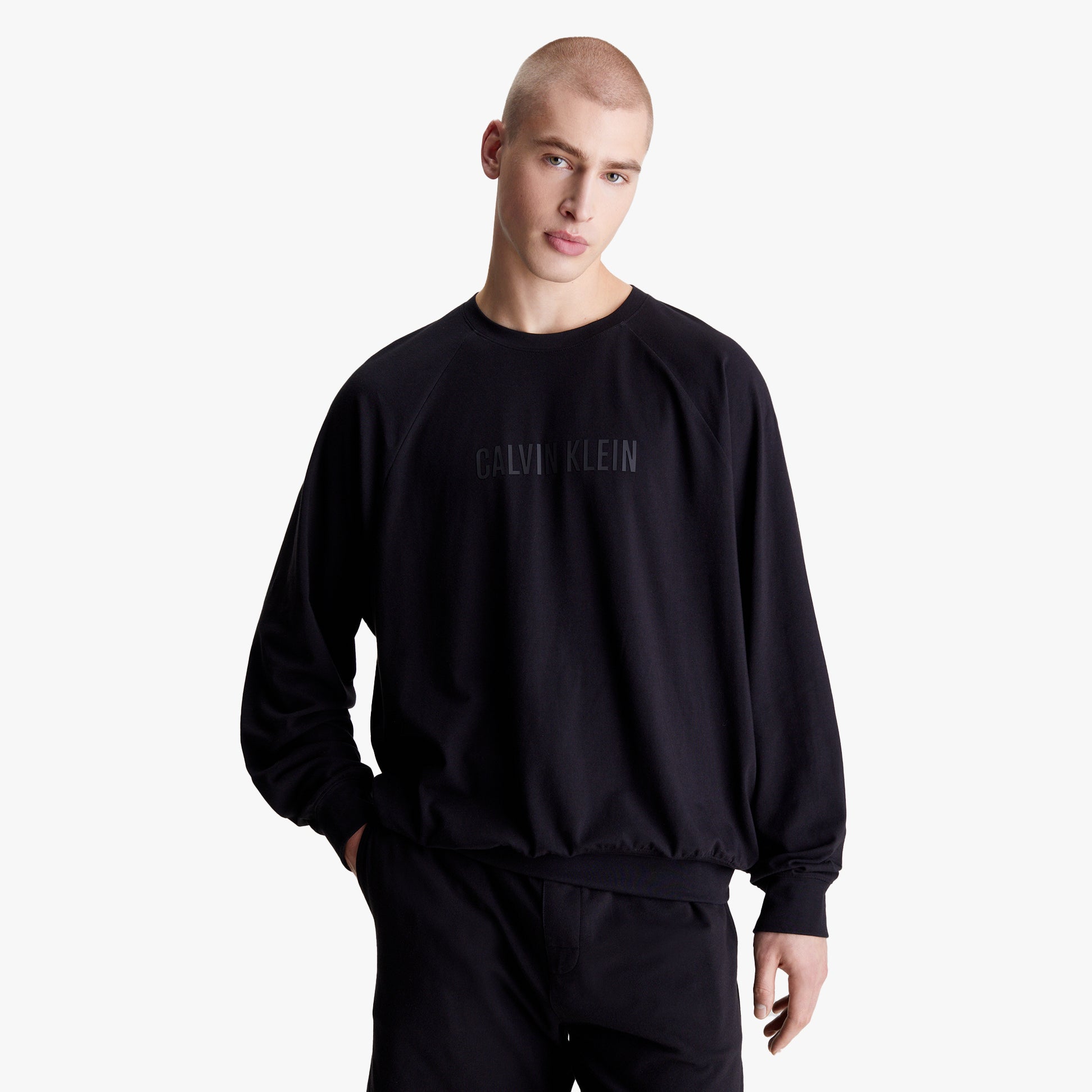Calvin Klein INTENSE POWER Mens Sweatshirt Black front view, featuring a crew neckline and regular fit.