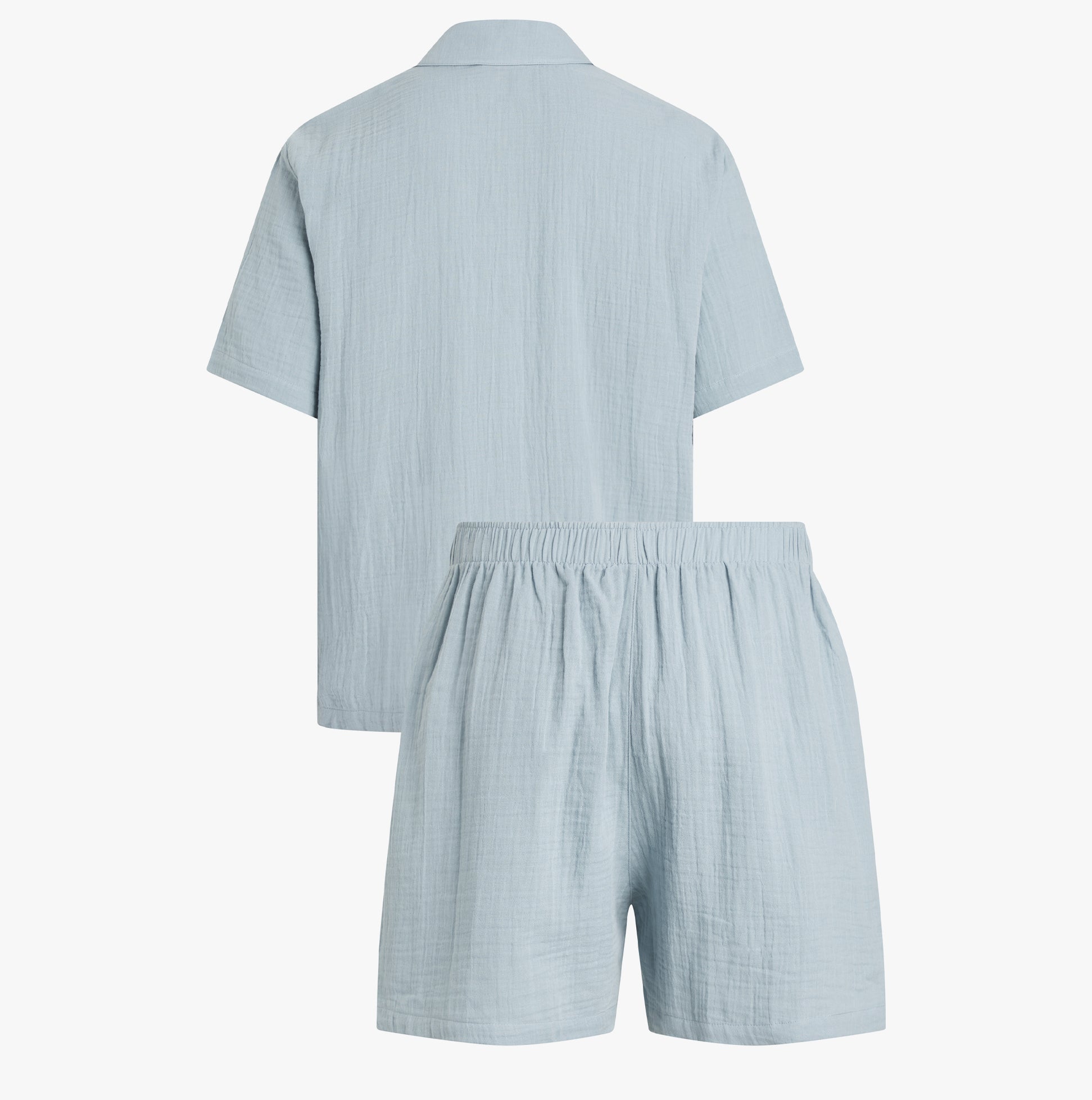 Calvin Klein SHORT SET Mens Arona in light blue, back view showcasing short sleeve button-up shirt and matching shorts.