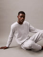 Calvin Klein MODERN TERRY Mens Sweatshirt Grey Heather front view on model sitting casually.