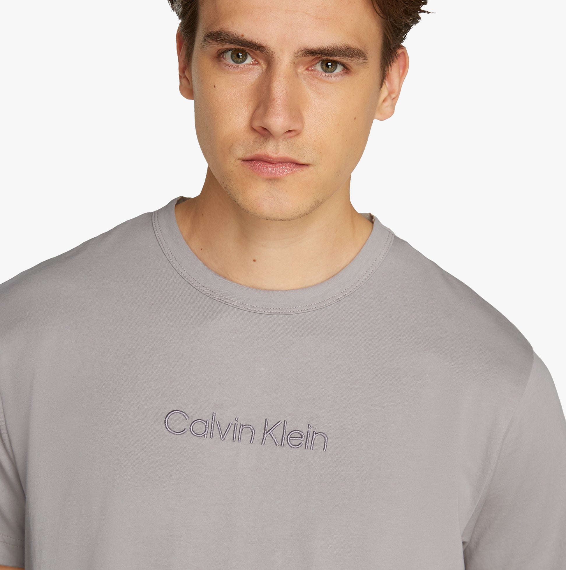 Calvin Klein 100% COTTON Mens Lounge T-Shirt Ash front view featuring CK embroidery on the chest.