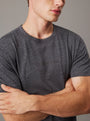 Calvin Klein LOGO COTTON Mens Crew Neck T Shirt Dark Grey Heather, front view showing logo and fit on model.