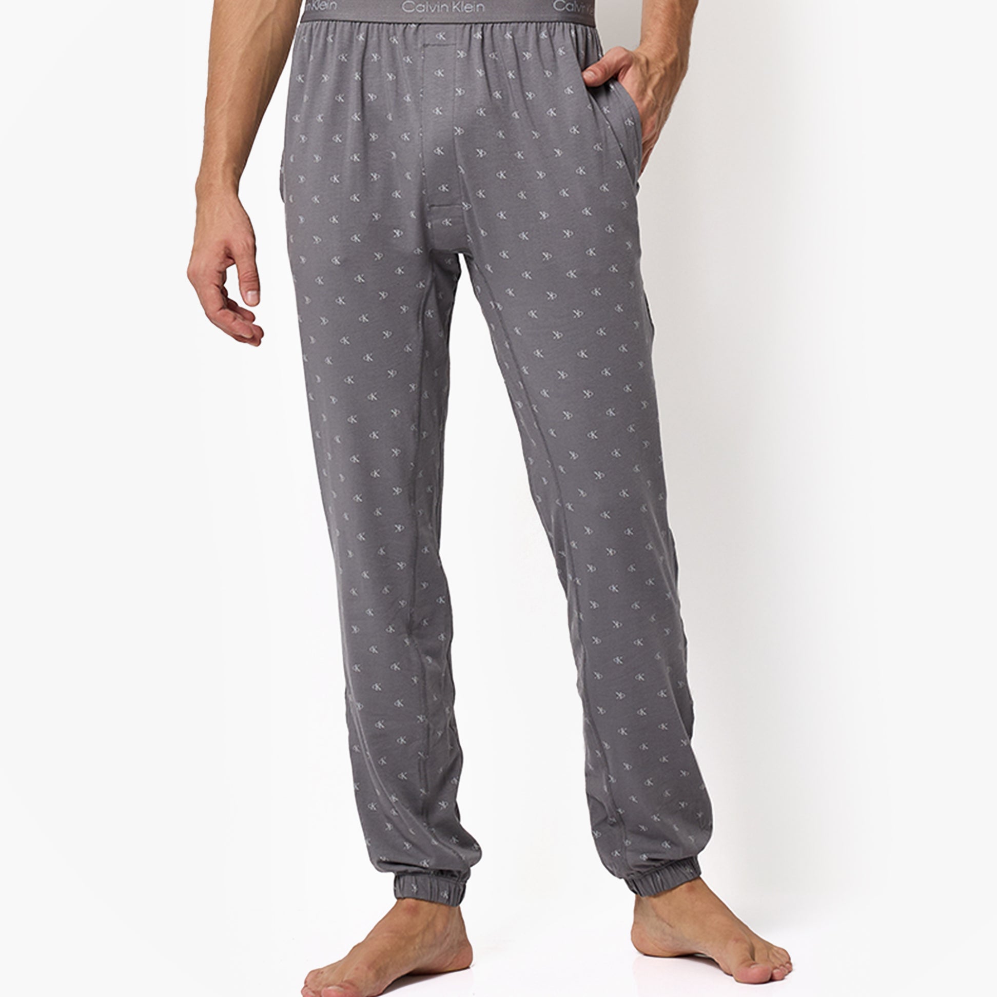 Calvin Klein ICON COTTON STRETCH Mens Lounge Joggers Diamond Logo/Smoked Pearl front view showing elasticated cuffs and waistband