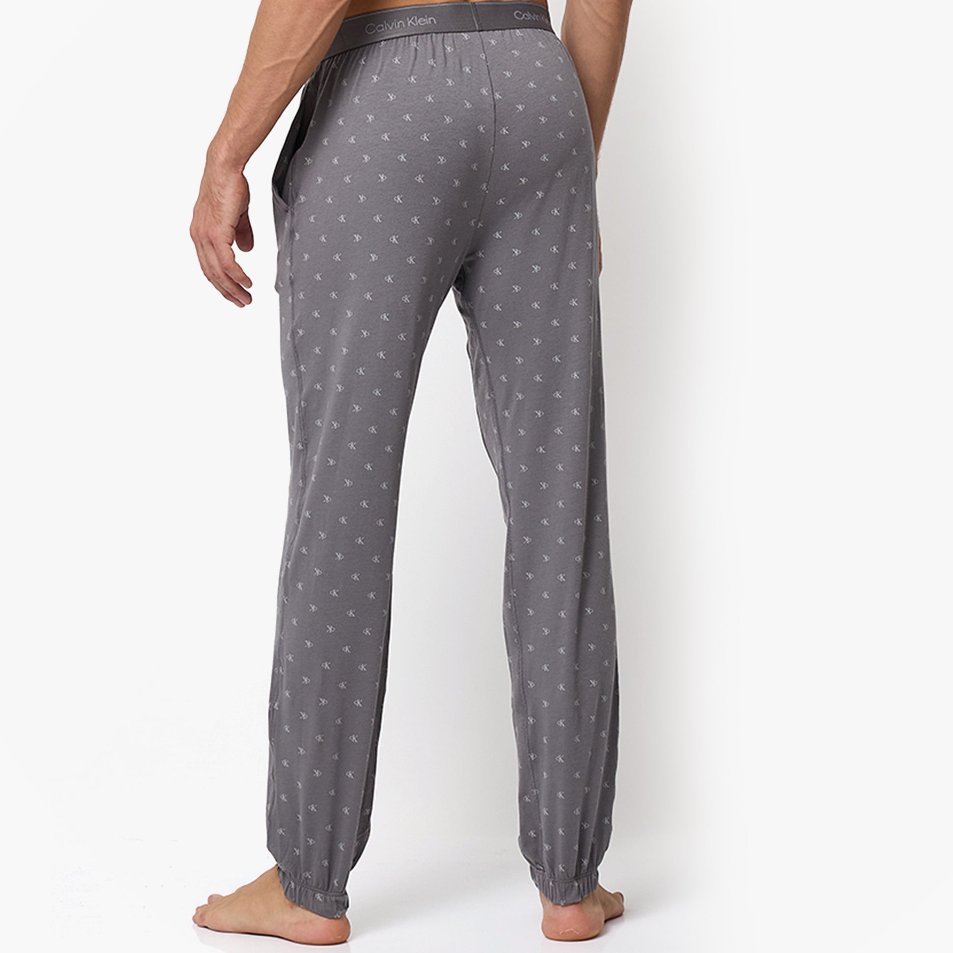 Calvin Klein ICON COTTON STRETCH Mens Lounge Joggers Diamond Logo/Smoked Pearl back view, showcasing elasticated cuffs and CK signature waistband.