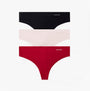Calvin Klein Womens Invisible 3 Pack Thong Multi - front view showing black, nude, and red thongs stacked.