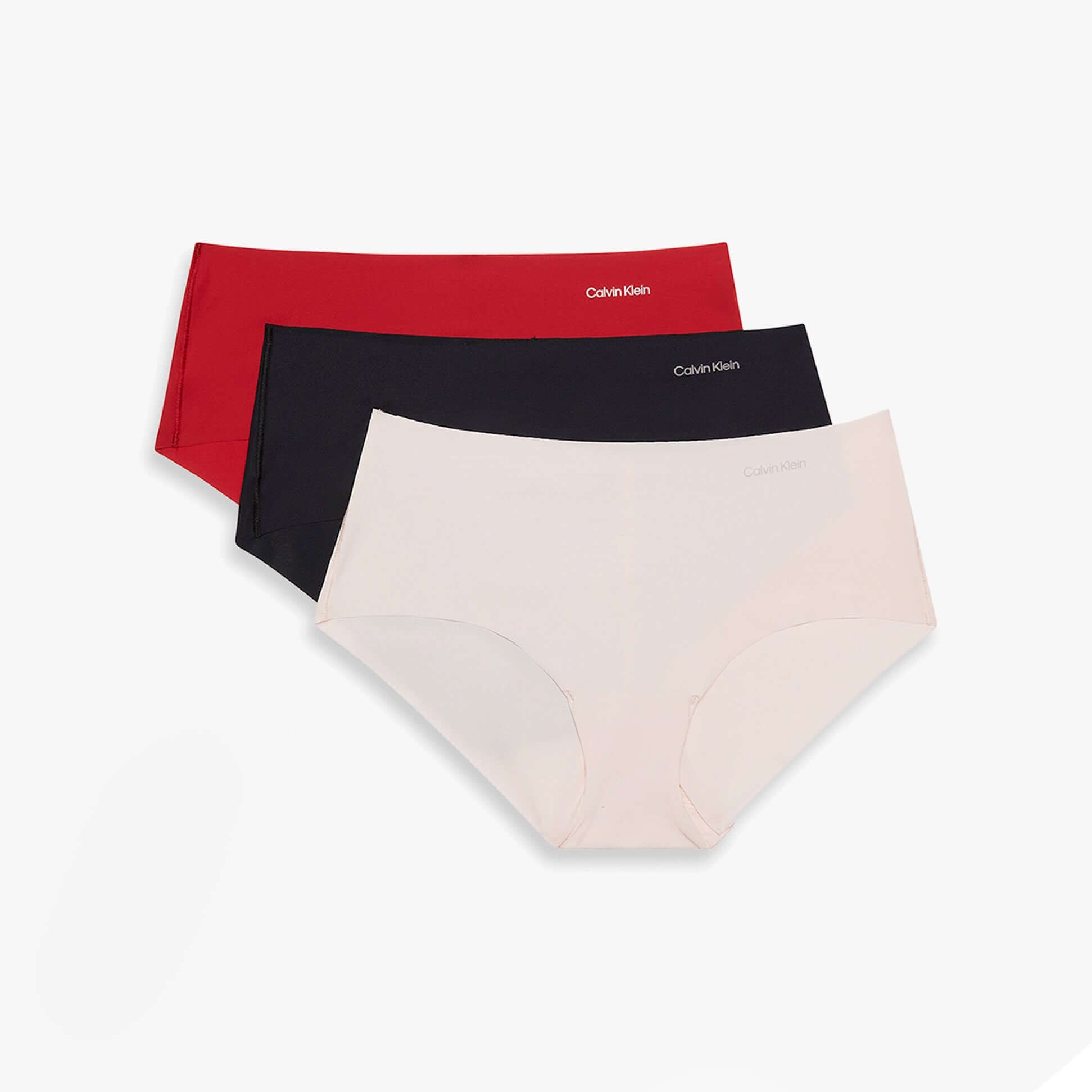 Calvin Klein Invisible Hipster Womens 3 Pack Multi displayed in a front view with red, navy, and nude colors.