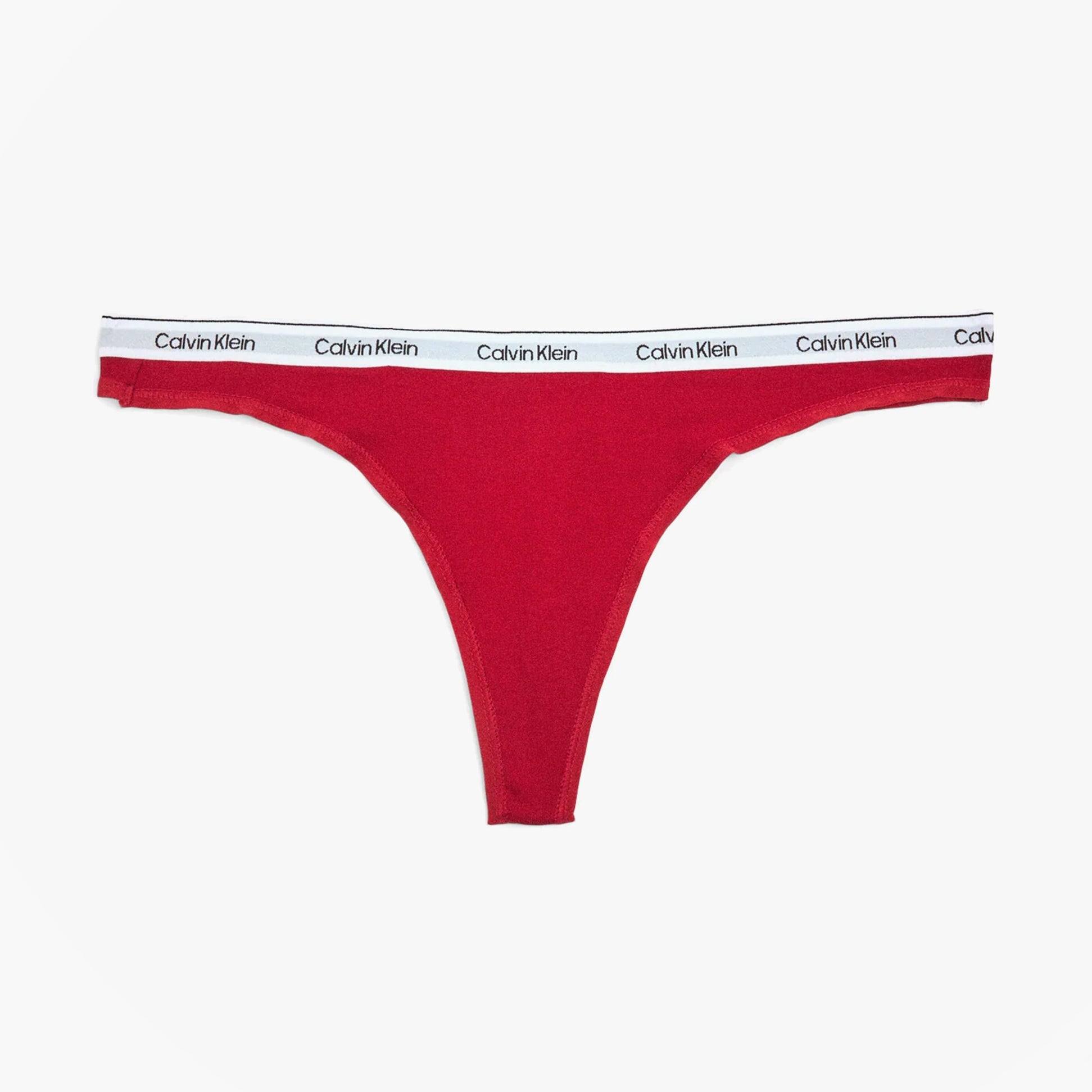 Calvin Klein ICON LOGO Womens Thong Molten front view with signature waistband in red cotton blend.