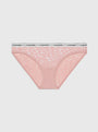Calvin Klein LACE BIKINI Womens Bried Subdued front view with semi-sheer leopard lace and CK signature elastic waistband.